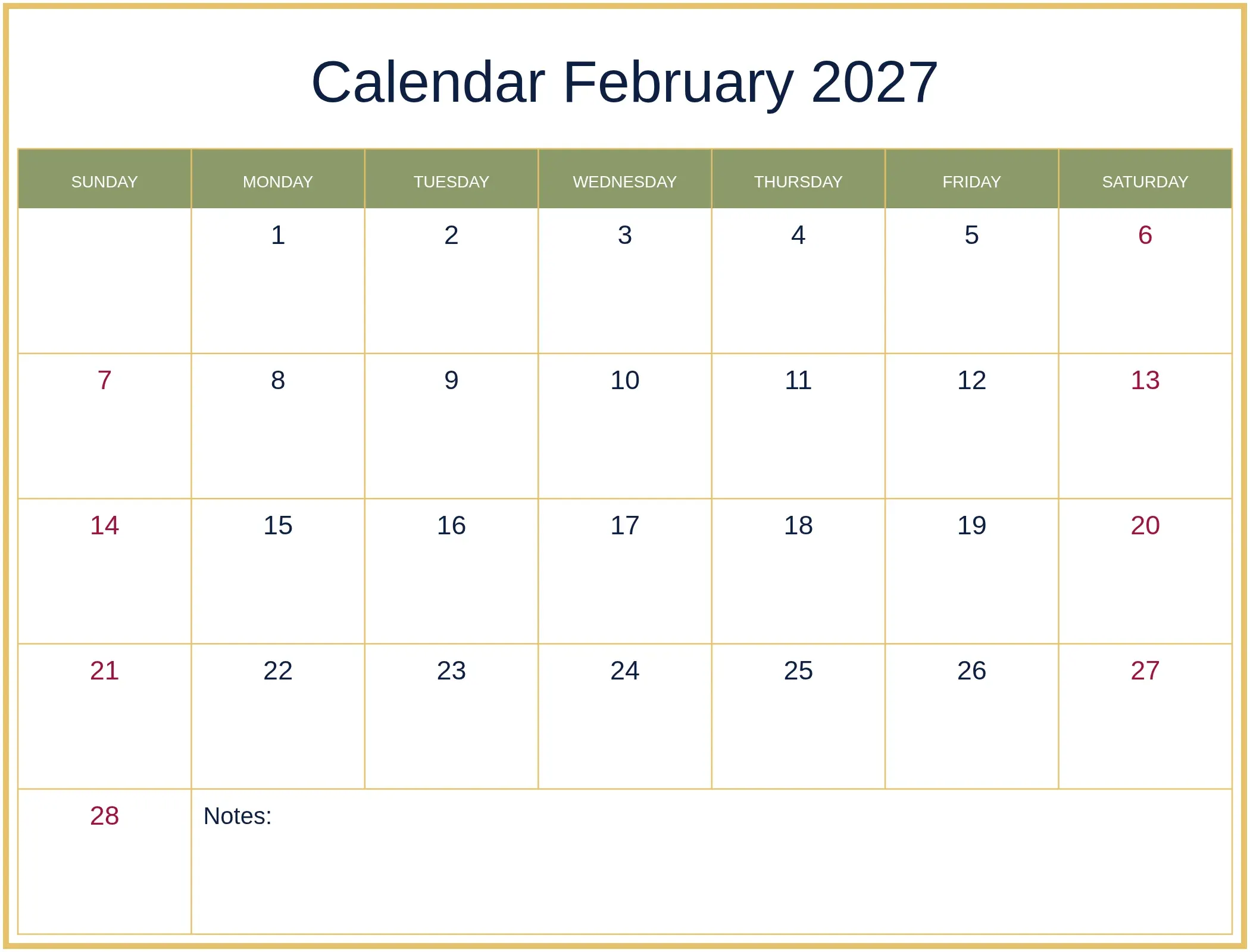 Calendar February 2027 with Notes Bottom Landscape Calendar February 2027 with Notes Bottom Landscape