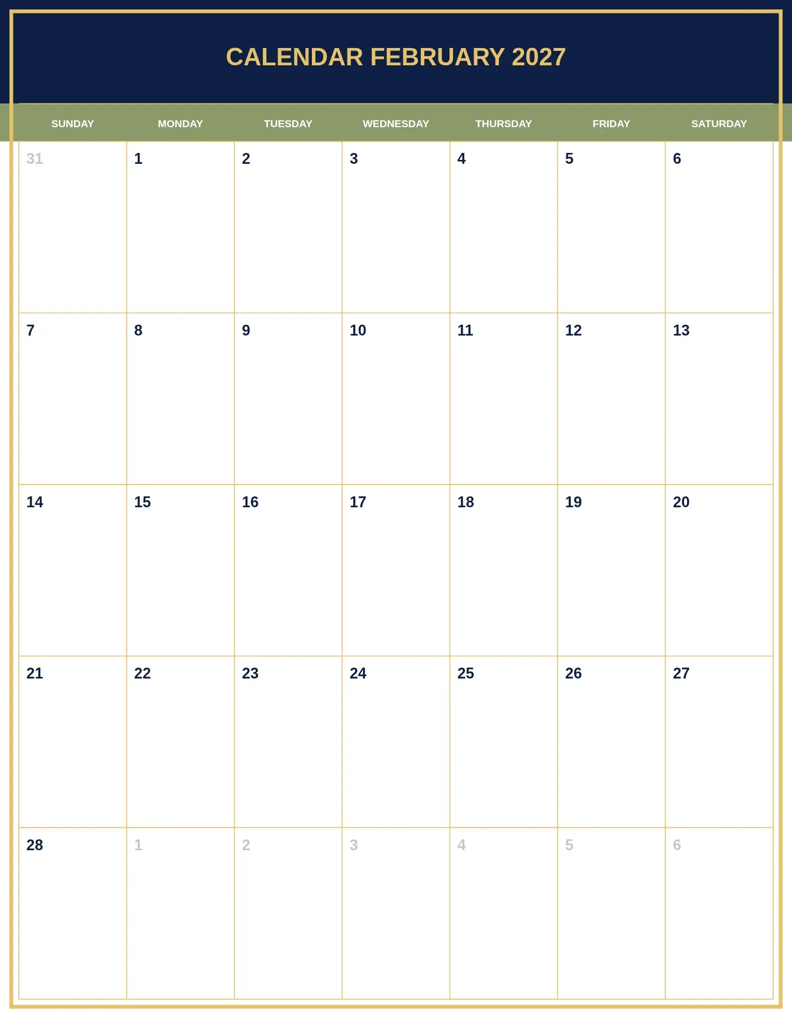 Calendar February 2027 With Portrait Template