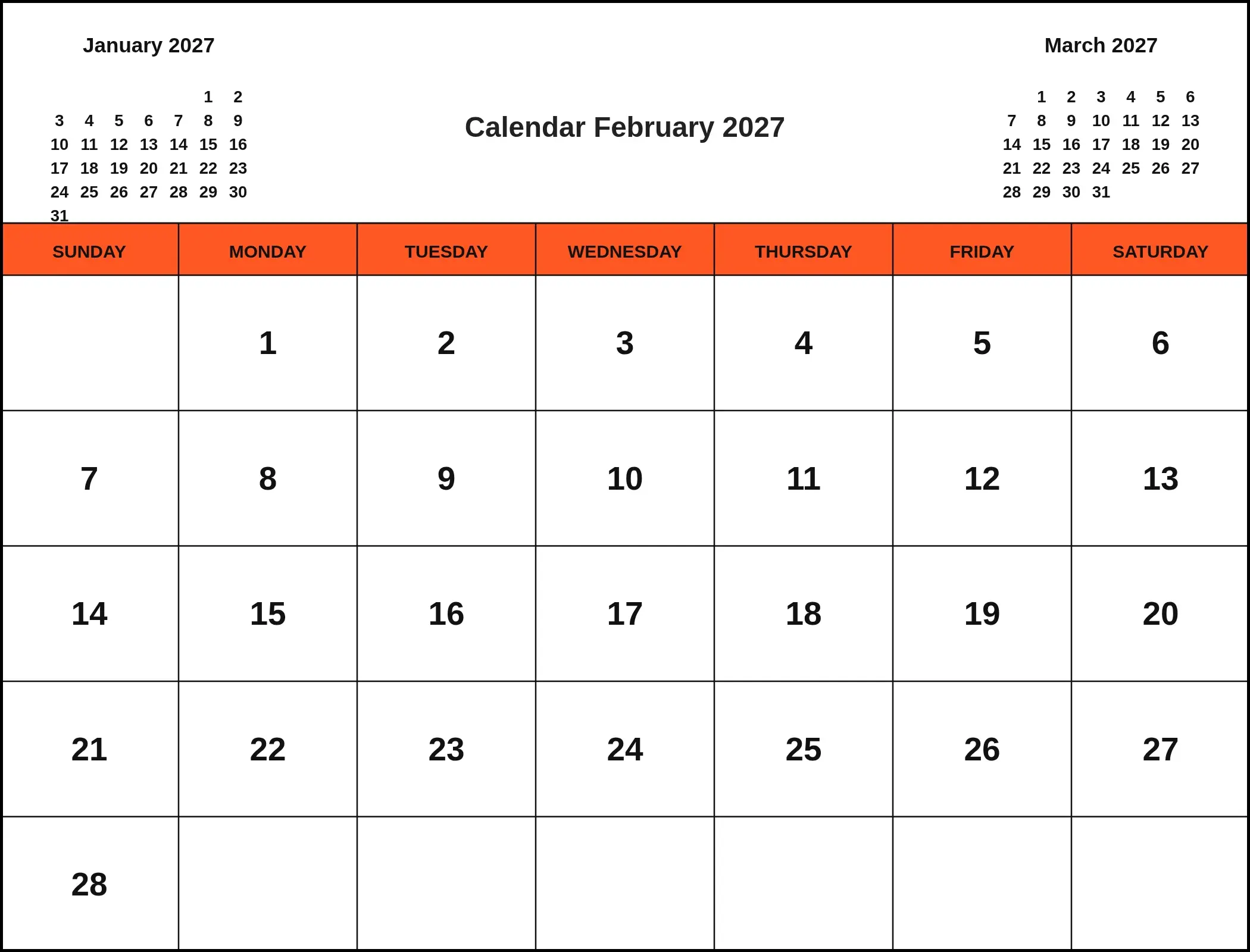 Calendar February 2027 With Three Month View Calendar February 2027 With Three Month View