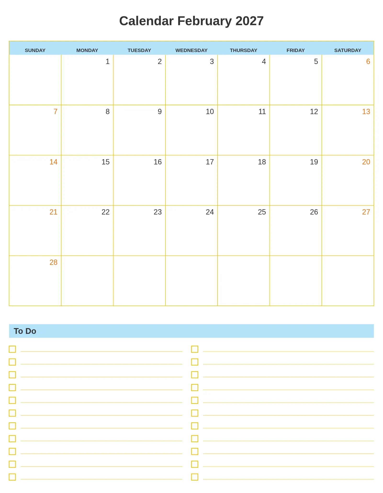 Calendar February 2027 With To Do List Bottom Portrait