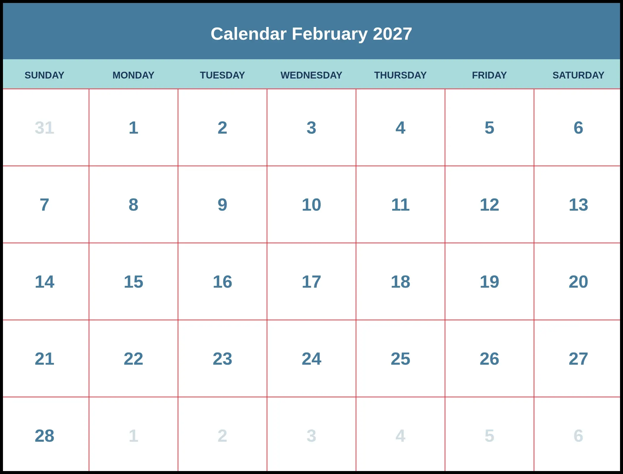 Calendar February 2027