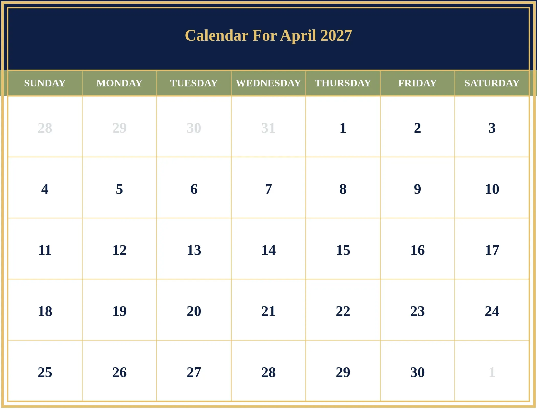 Calendar For April 2027 Download Landscape