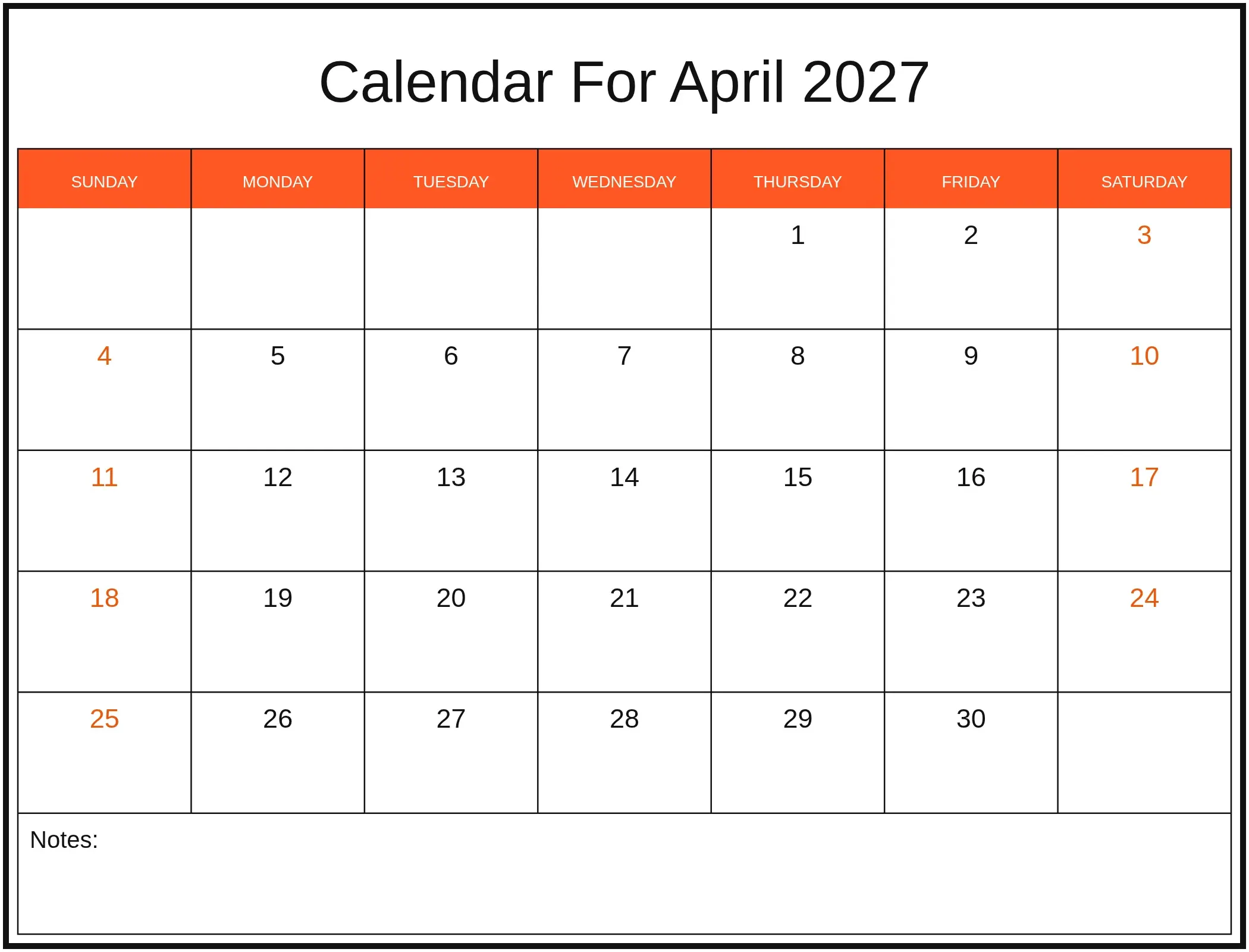 Calendar For April 2027 with Notes Bottom Landscape