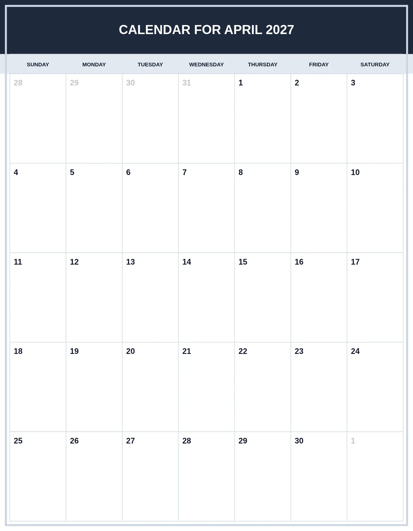 Calendar For April 2027 With Portrait Template