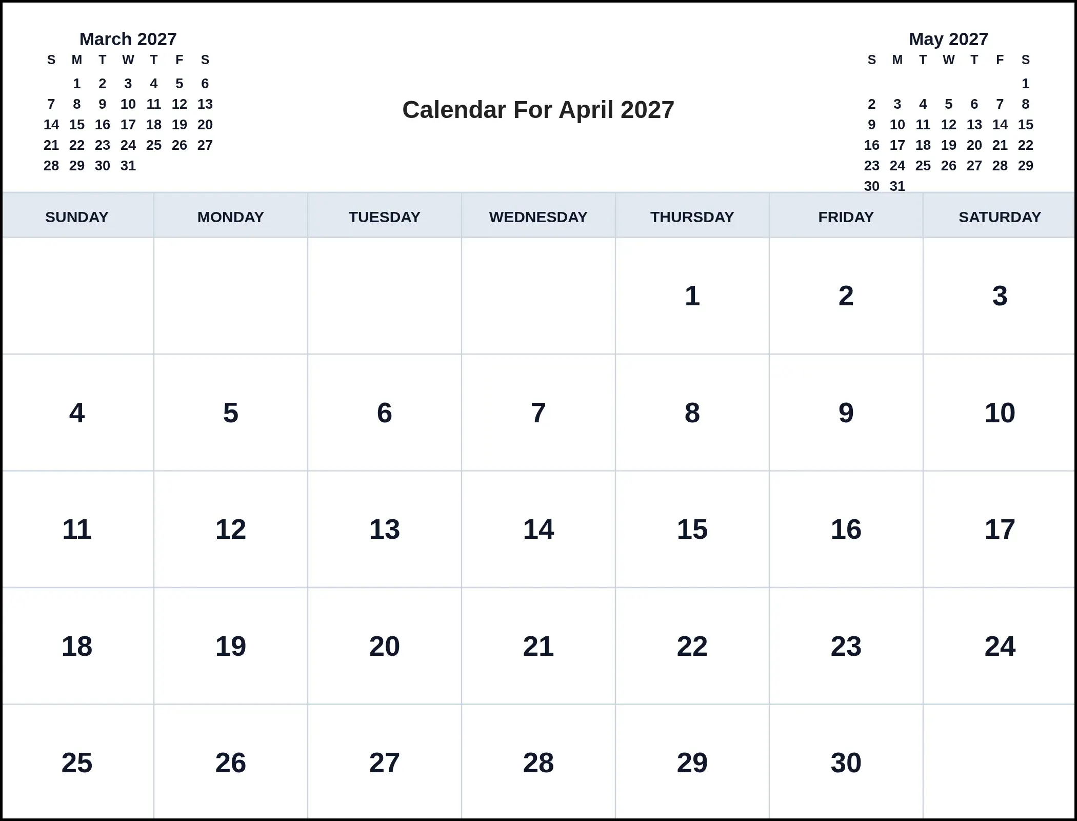 Calendar For April 2027 With Three Month View
