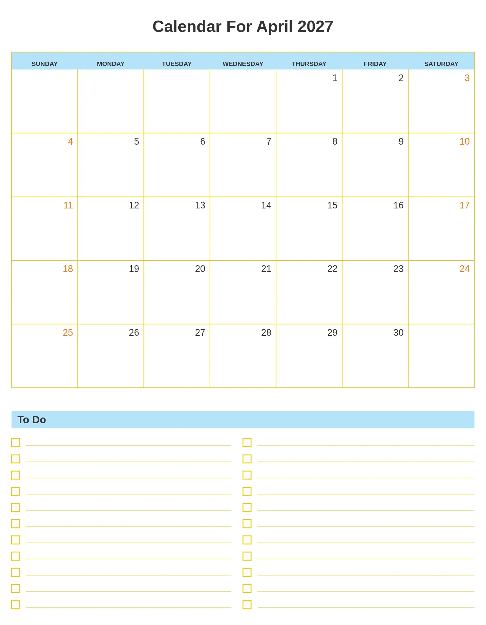 Calendar For April 2027 With To Do List Bottom Portrait