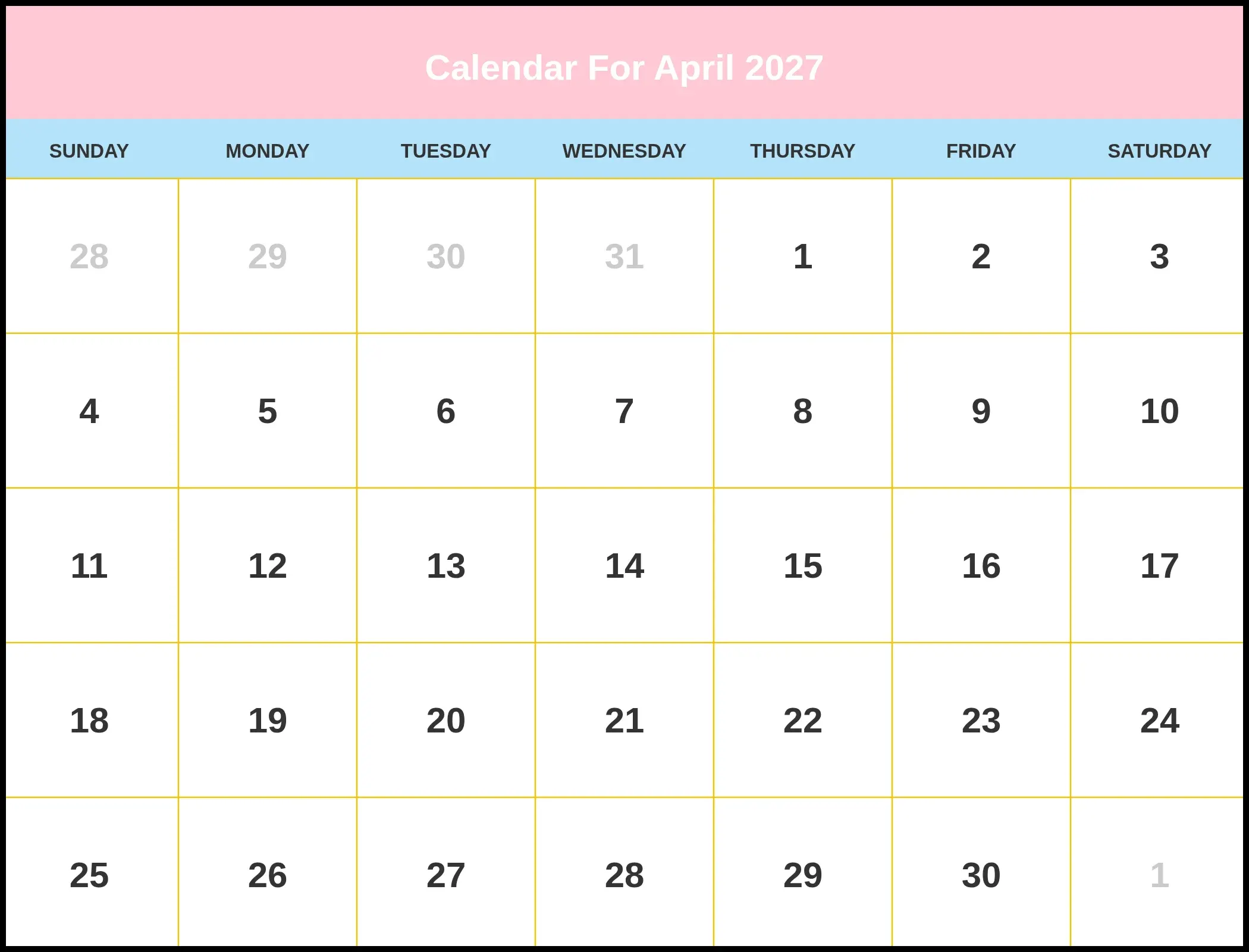 Calendar For April 2027