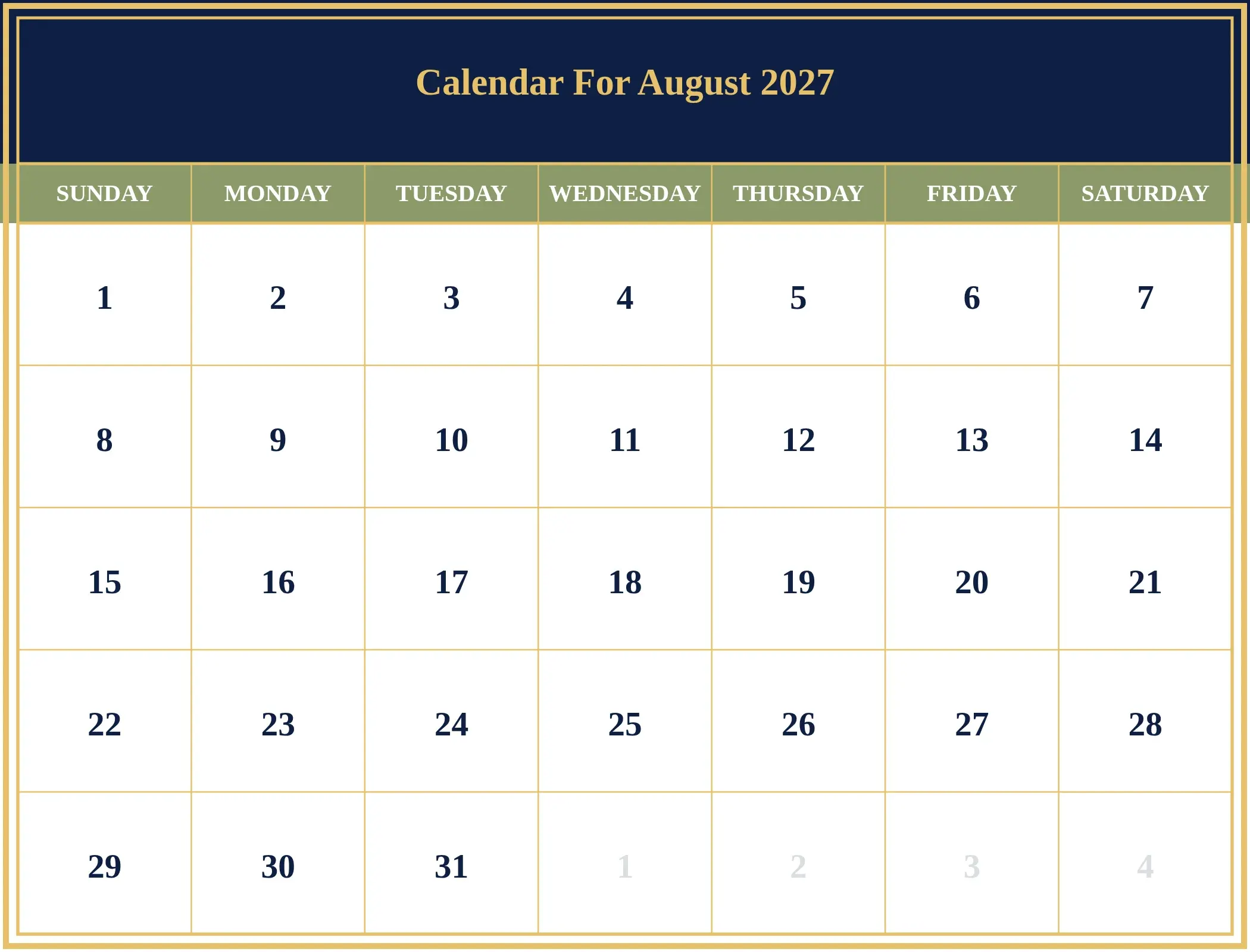 Calendar For August 2027 Download Landscape