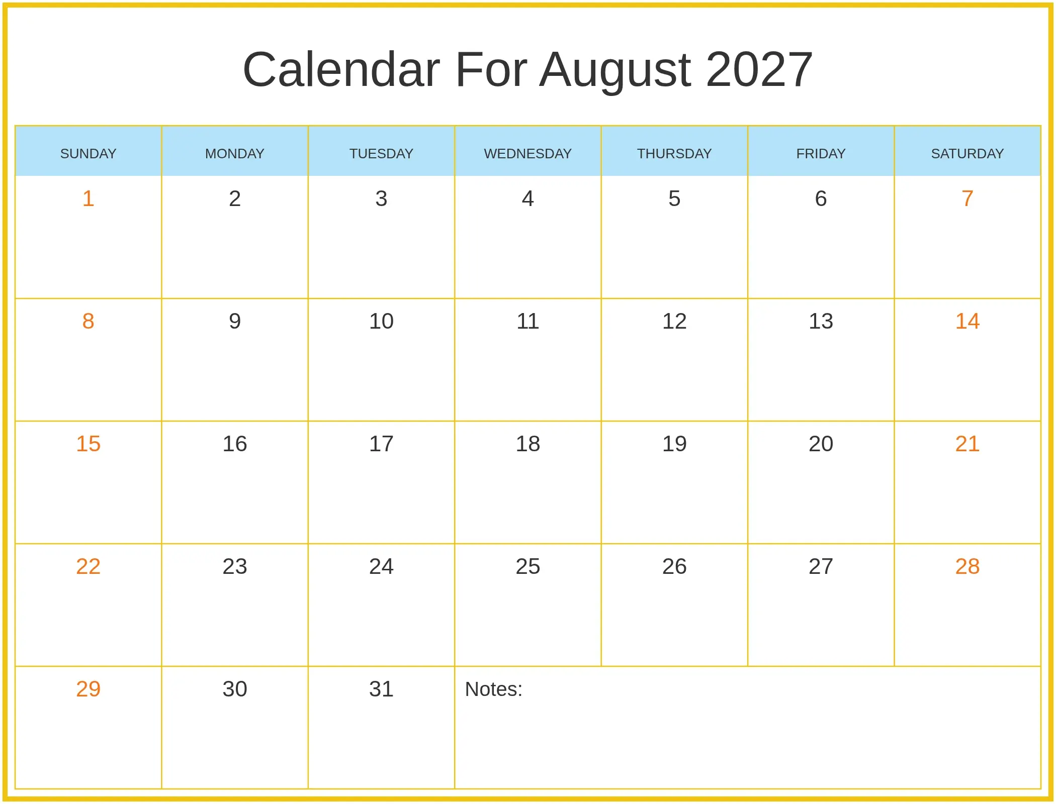 Calendar For August 2027 with Notes Bottom Landscape