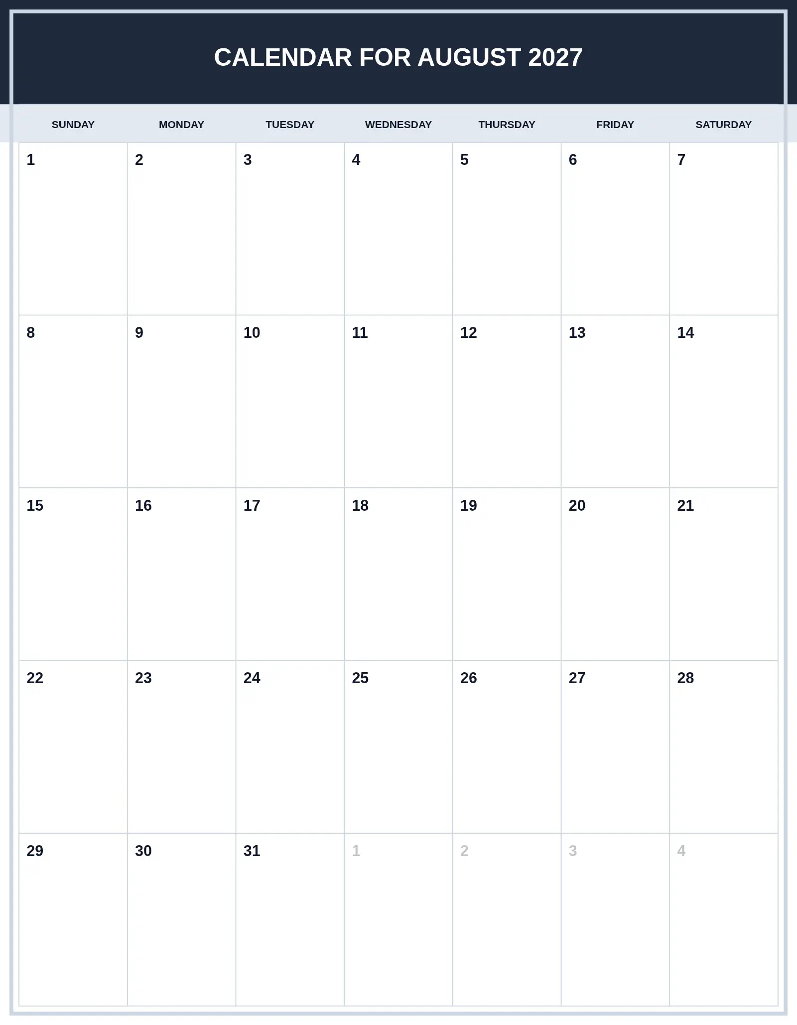 Calendar For August 2027 With Portrait Template