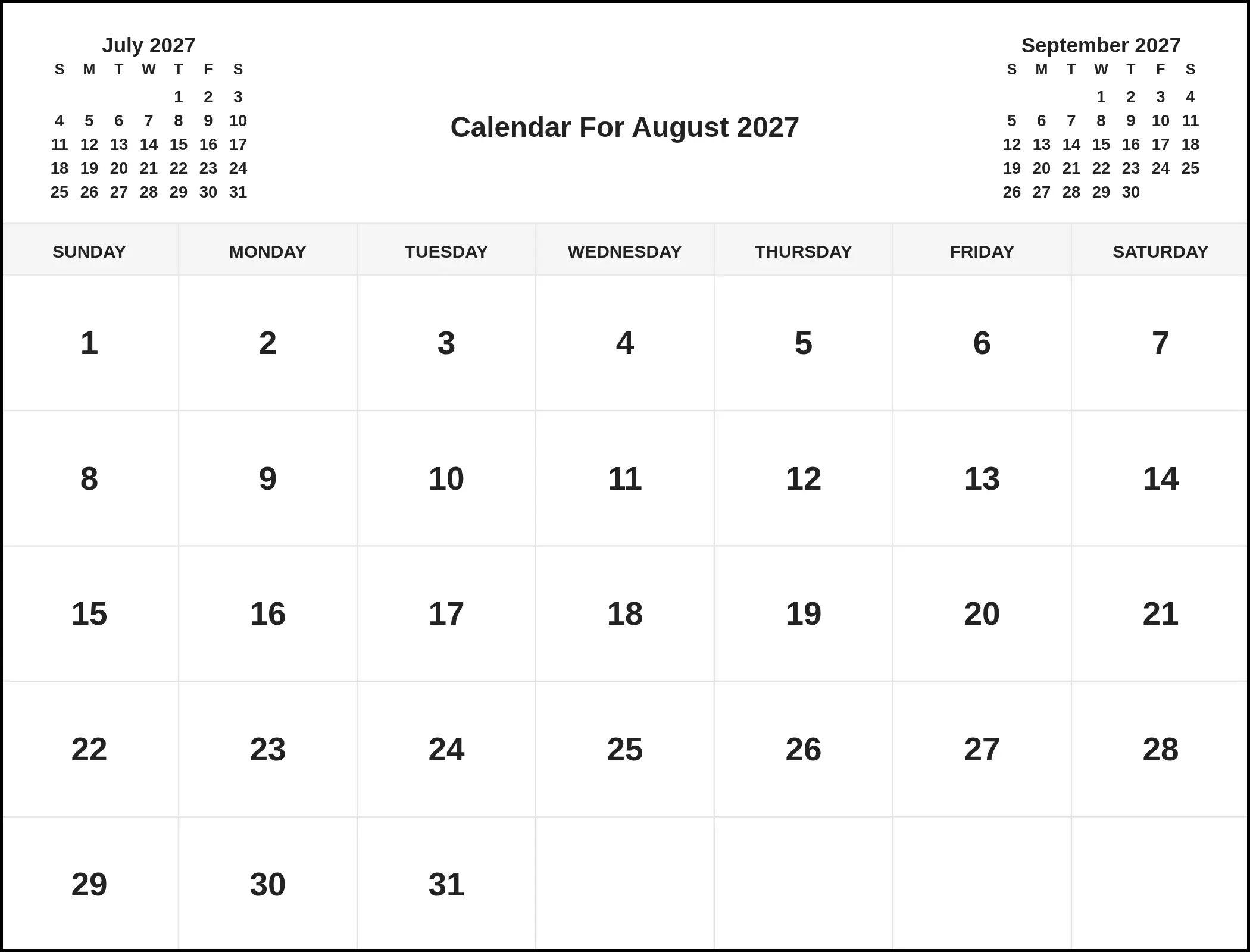 Calendar For August 2027 With Three Month View