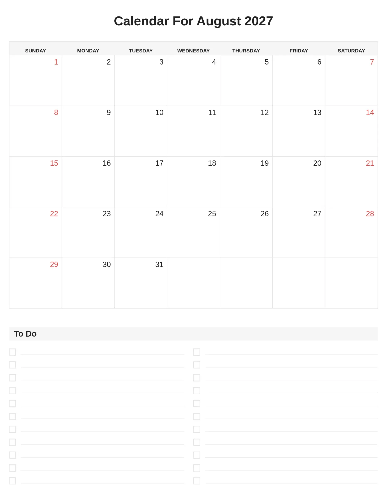Calendar For August 2027 With To Do List Bottom Portrait