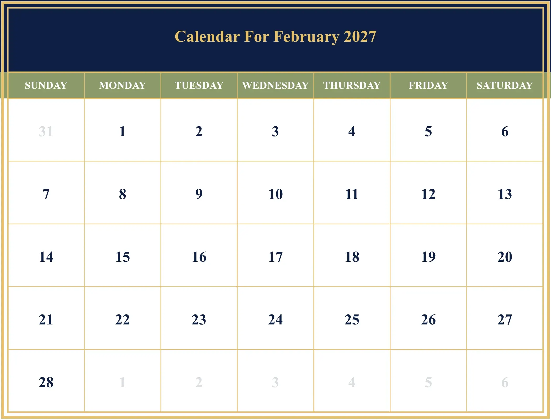 Calendar For February 2027 Download Landscape