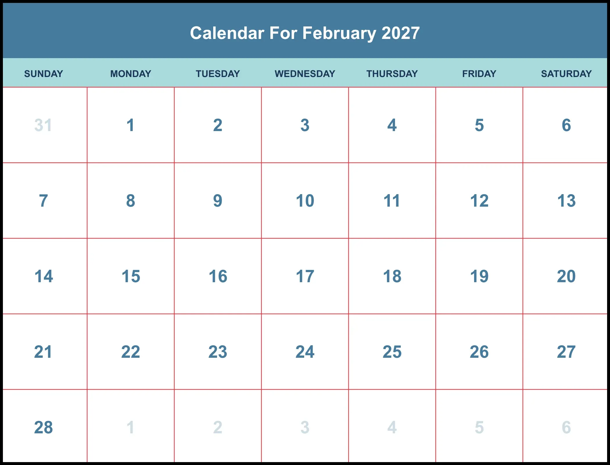Calendar For February 2027 Pdf