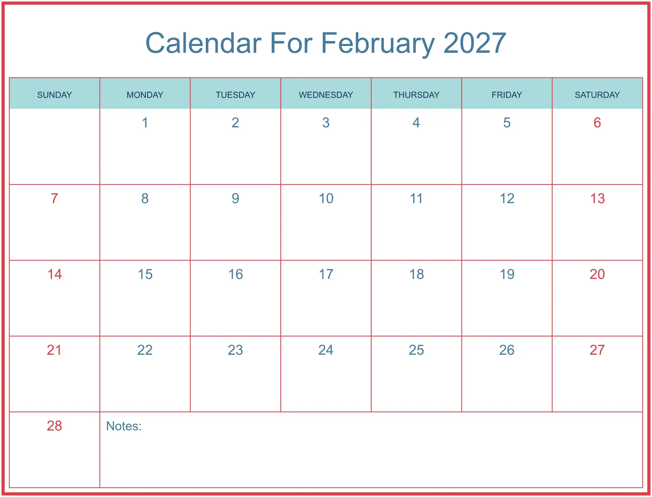 Calendar For February 2027 with Notes Bottom Landscape