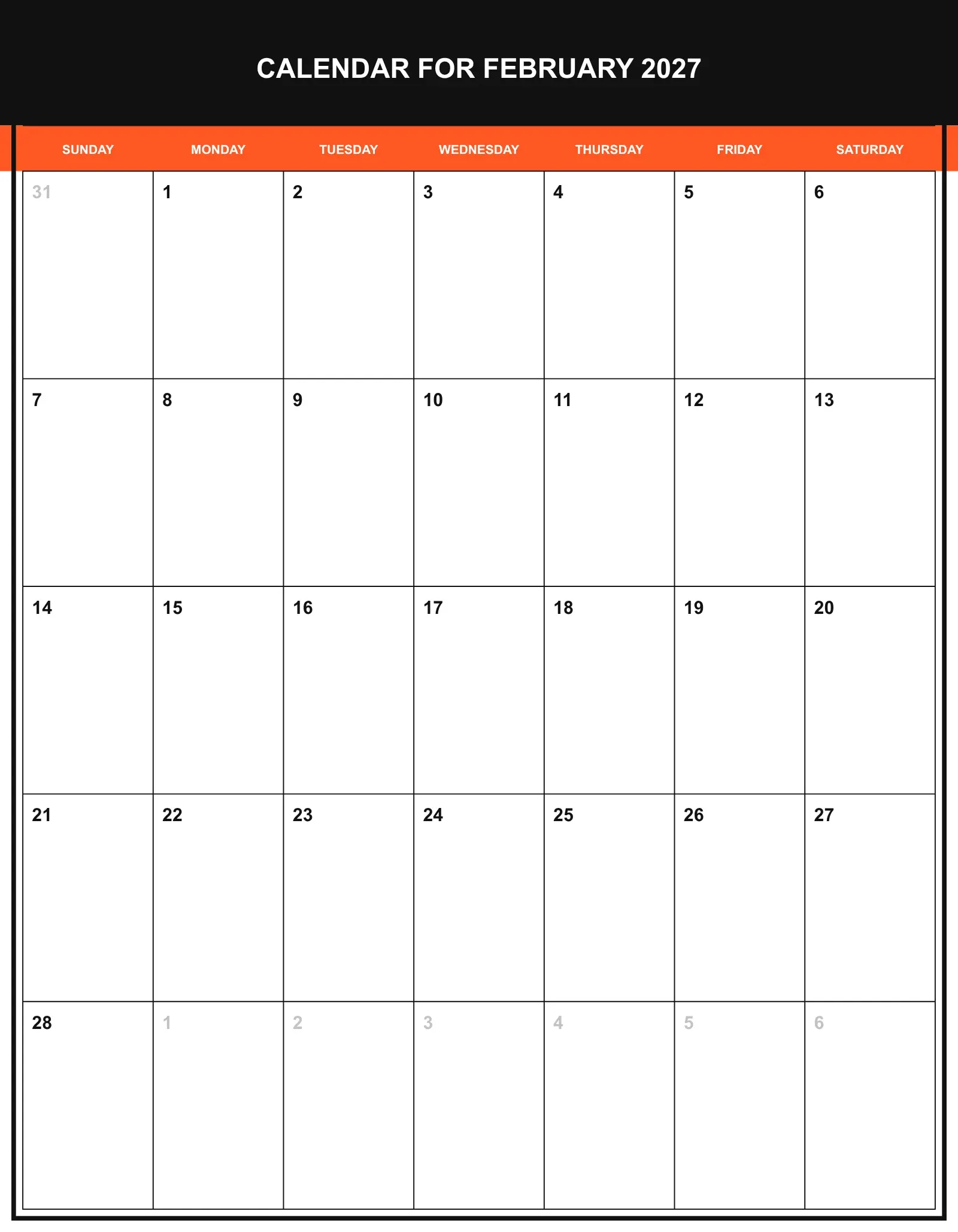 Calendar For February 2027 With Portrait Template