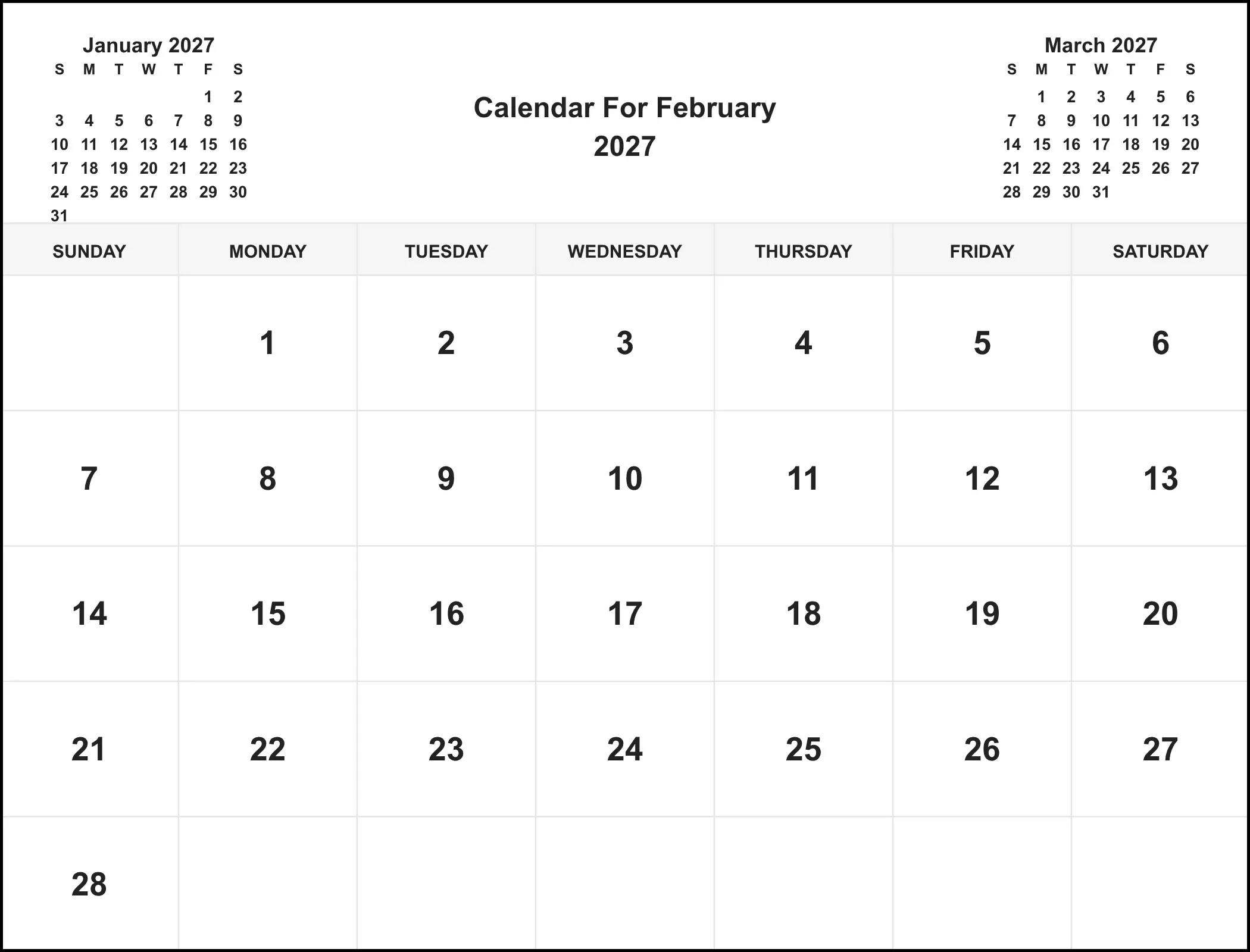 Calendar For February 2027 With Three Month View
