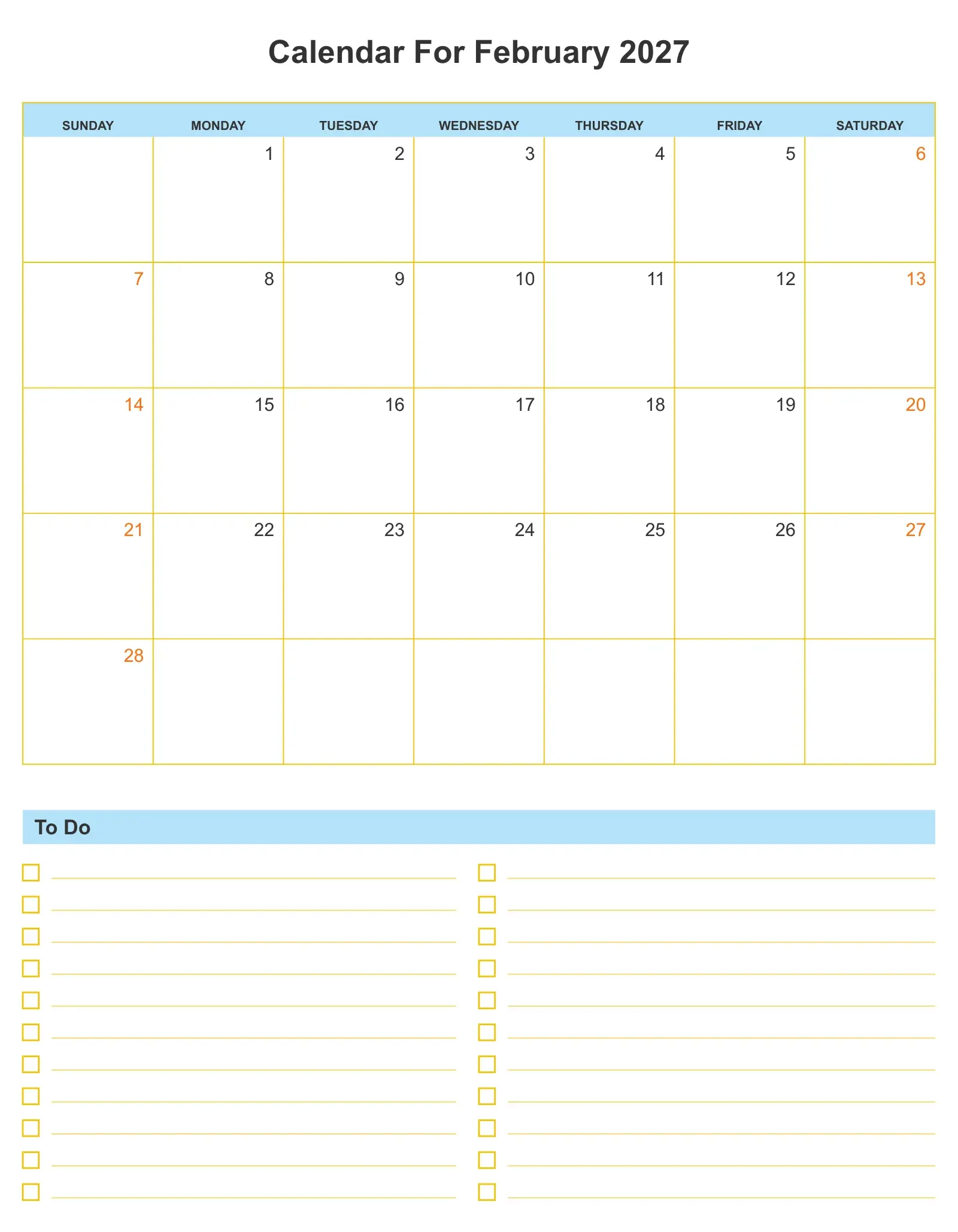 Calendar For February 2027 With To Do List Bottom Portrait