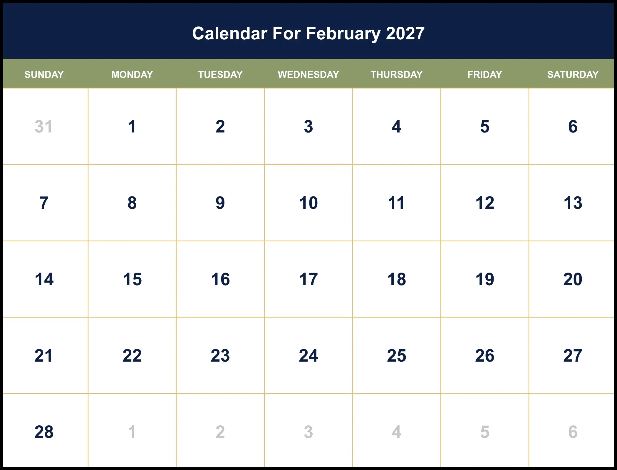 Calendar For February 2027