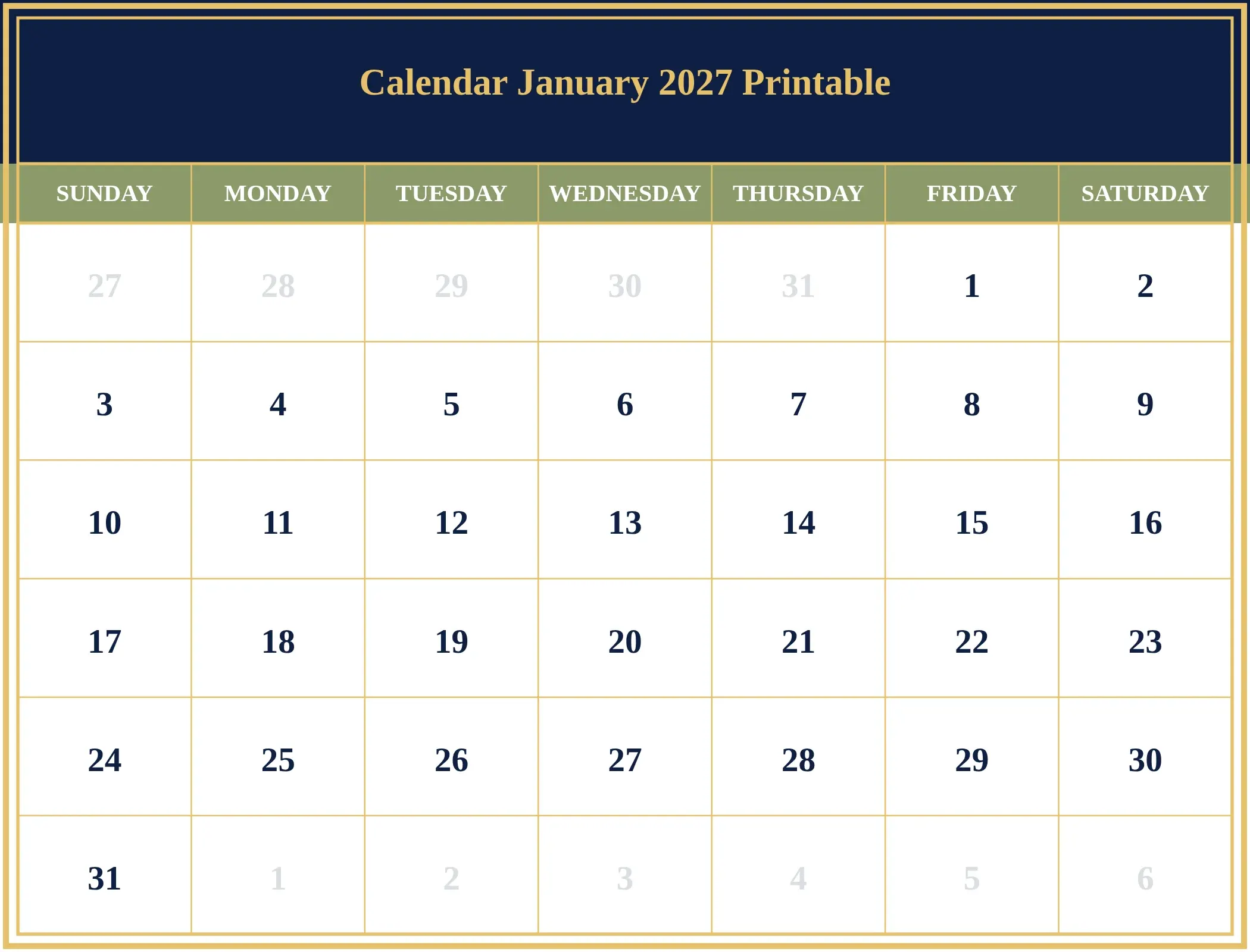 Calendar January 2027 Printable Download Landscape Calendar January 2027 Printable Download Landscape