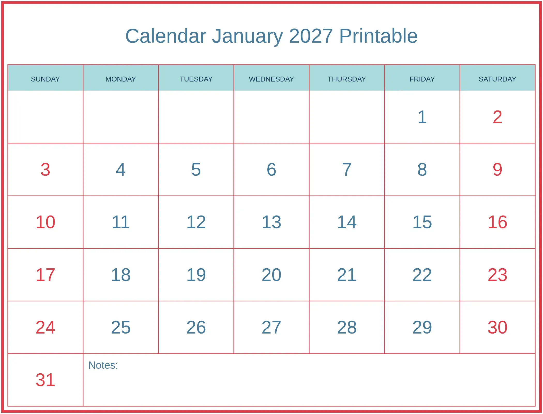 Calendar January 2027 Printable with Notes Bottom Landscape Calendar January 2027 Printable with Notes Bottom Landscape
