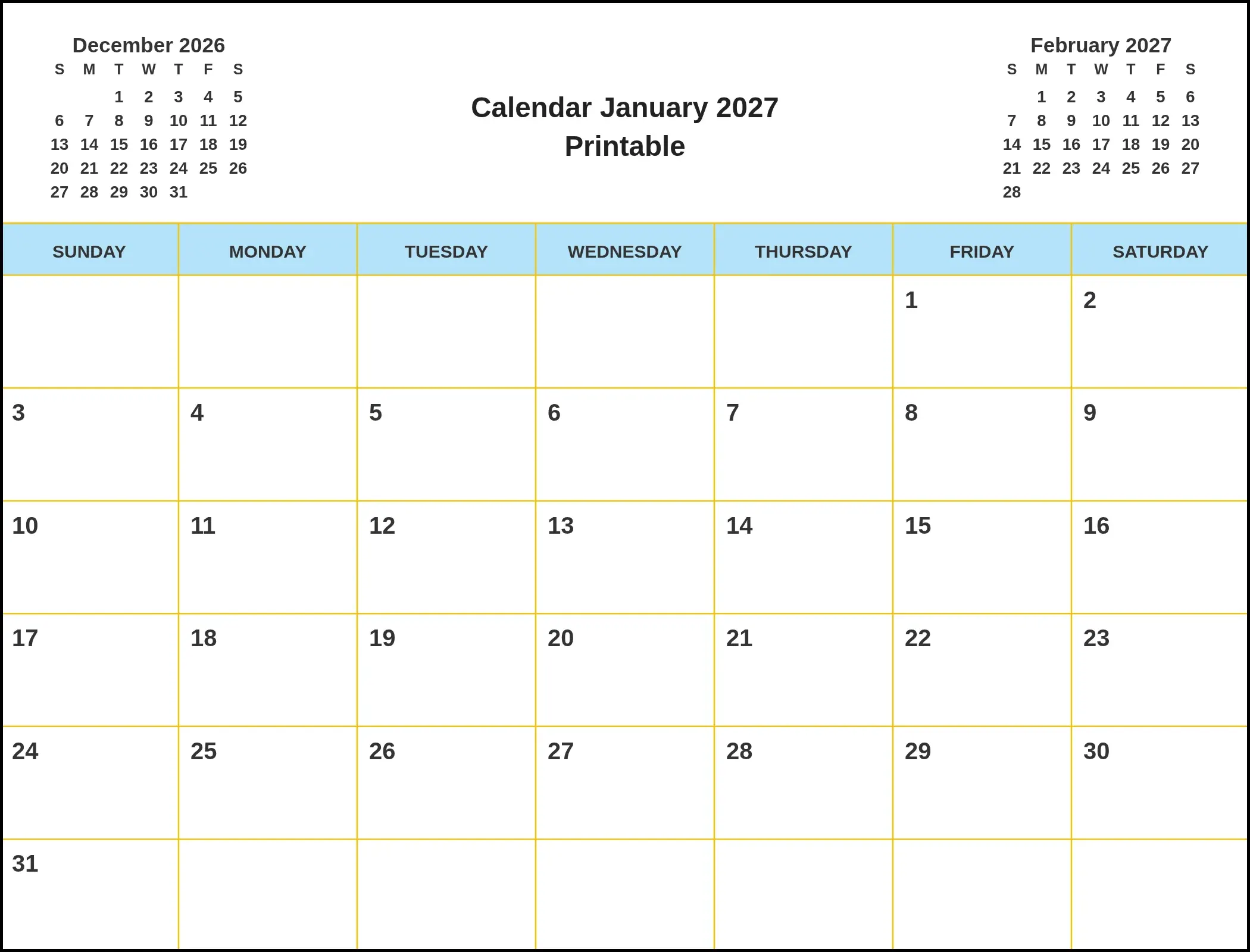 Calendar January 2027 Printable With Three Month View Calendar January 2027 Printable With Three Month View