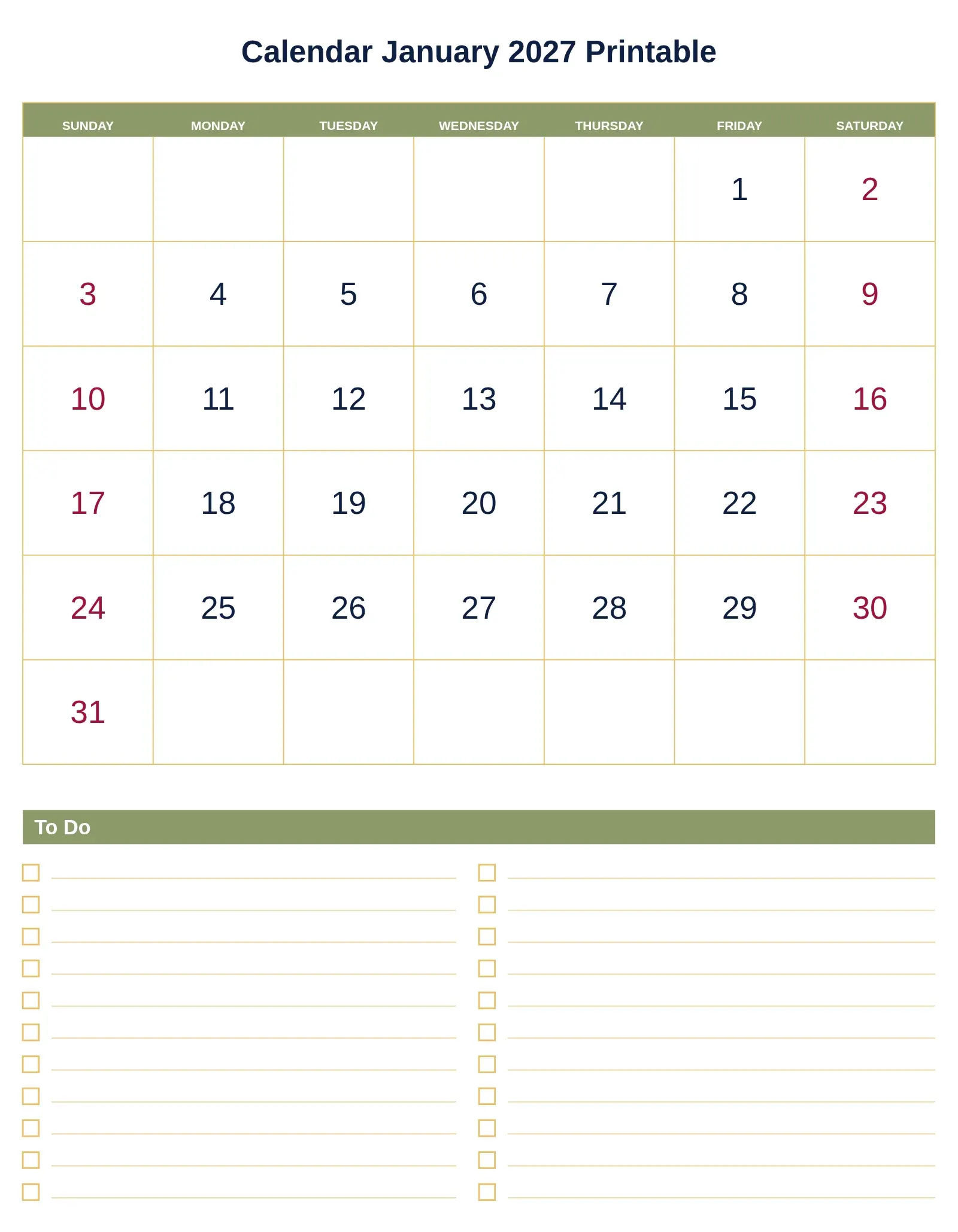 Calendar January 2027 Printable With To Do List Bottom Portrait Calendar January 2027 Printable With To Do List Bottom Portrait
