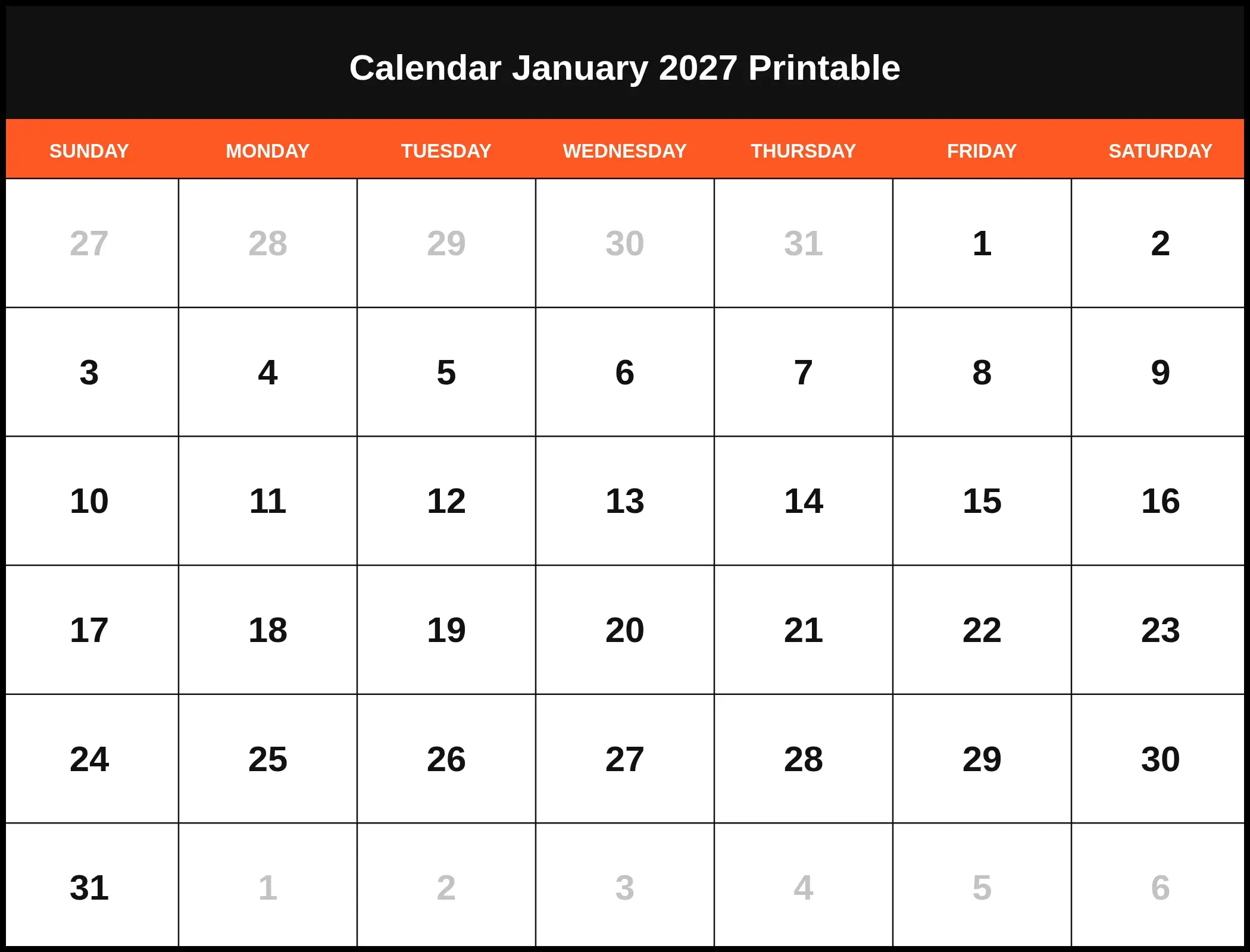 Calendar January 2027 Printable Calendar January 2027 Printable