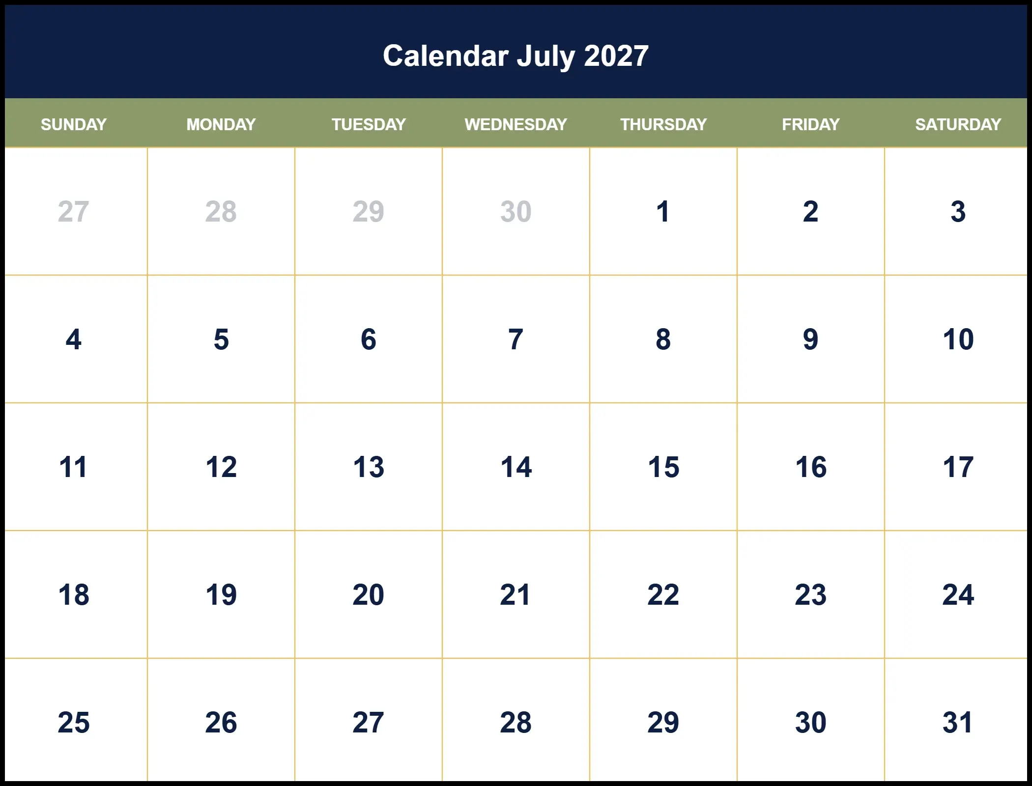 Calendar July 2027