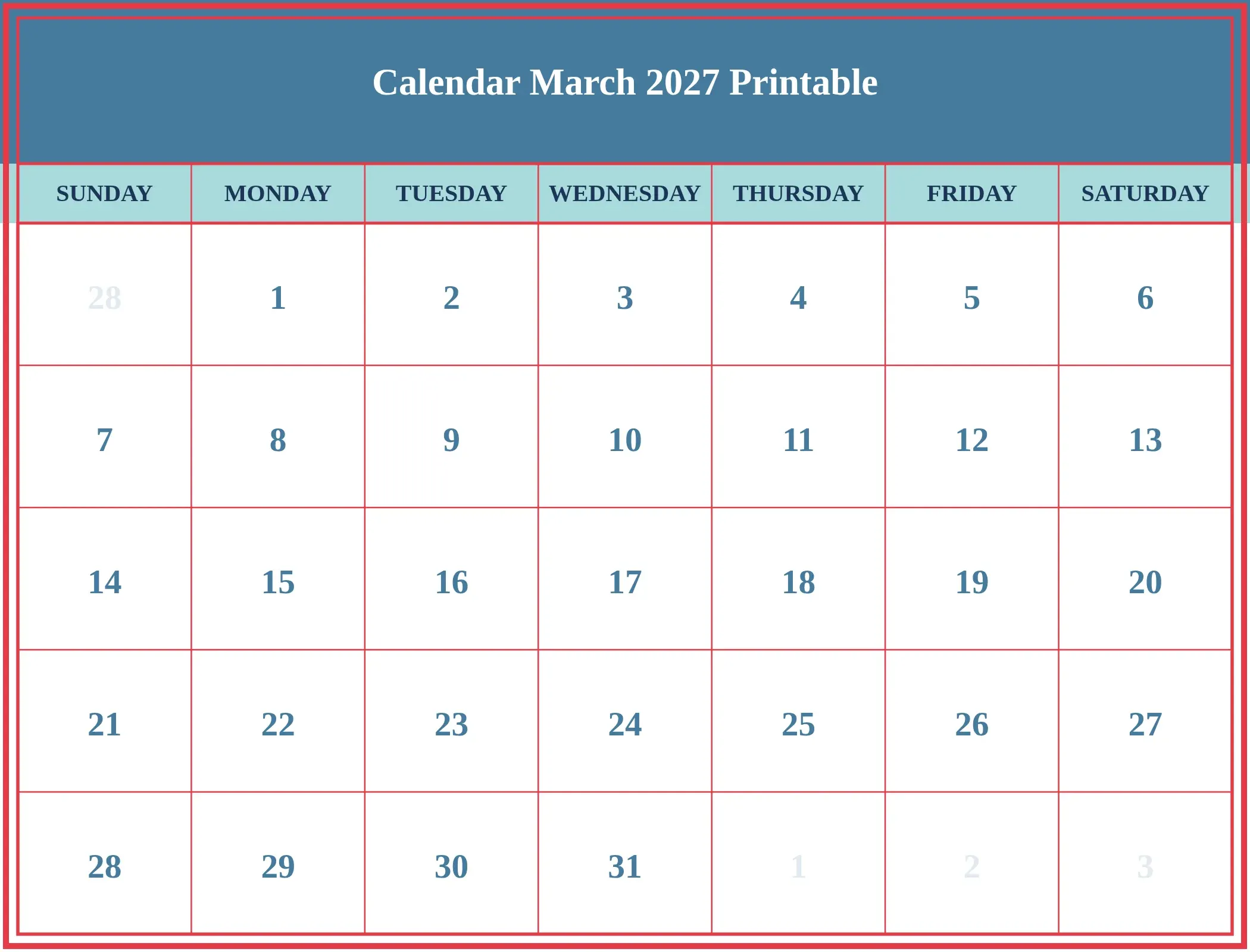 Calendar March 2027 Printable Download Landscape