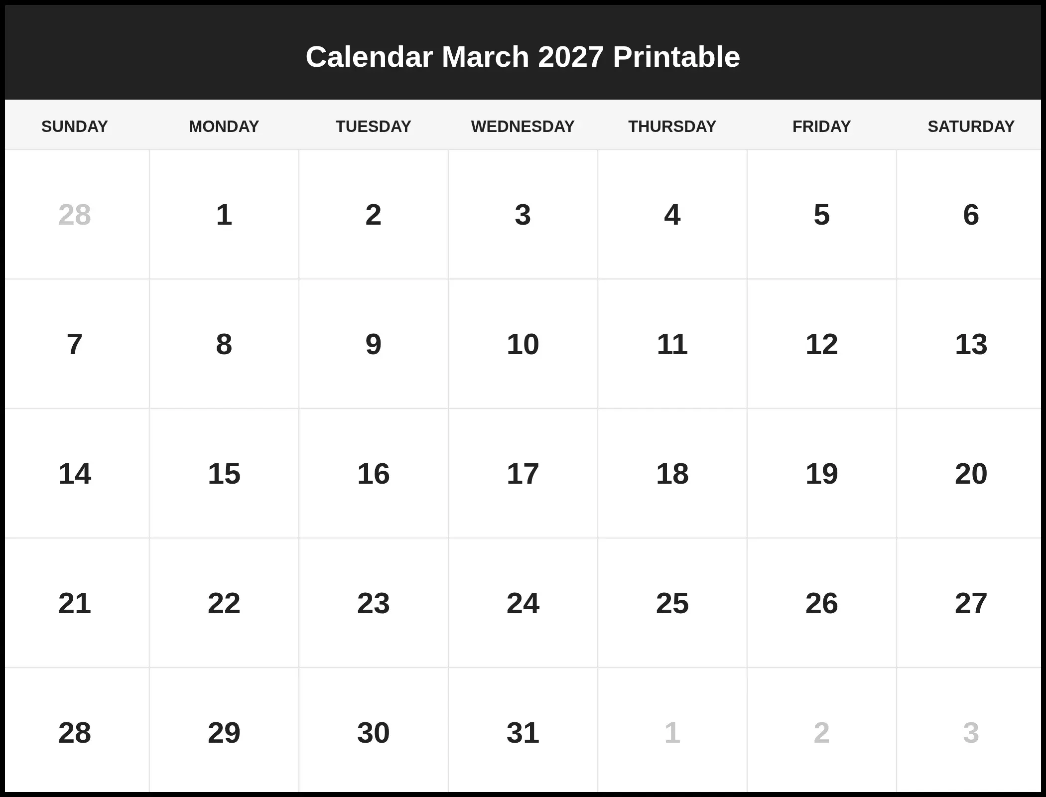 Calendar March 2027 Printable Pdf Calendar March 2027 Printable Pdf