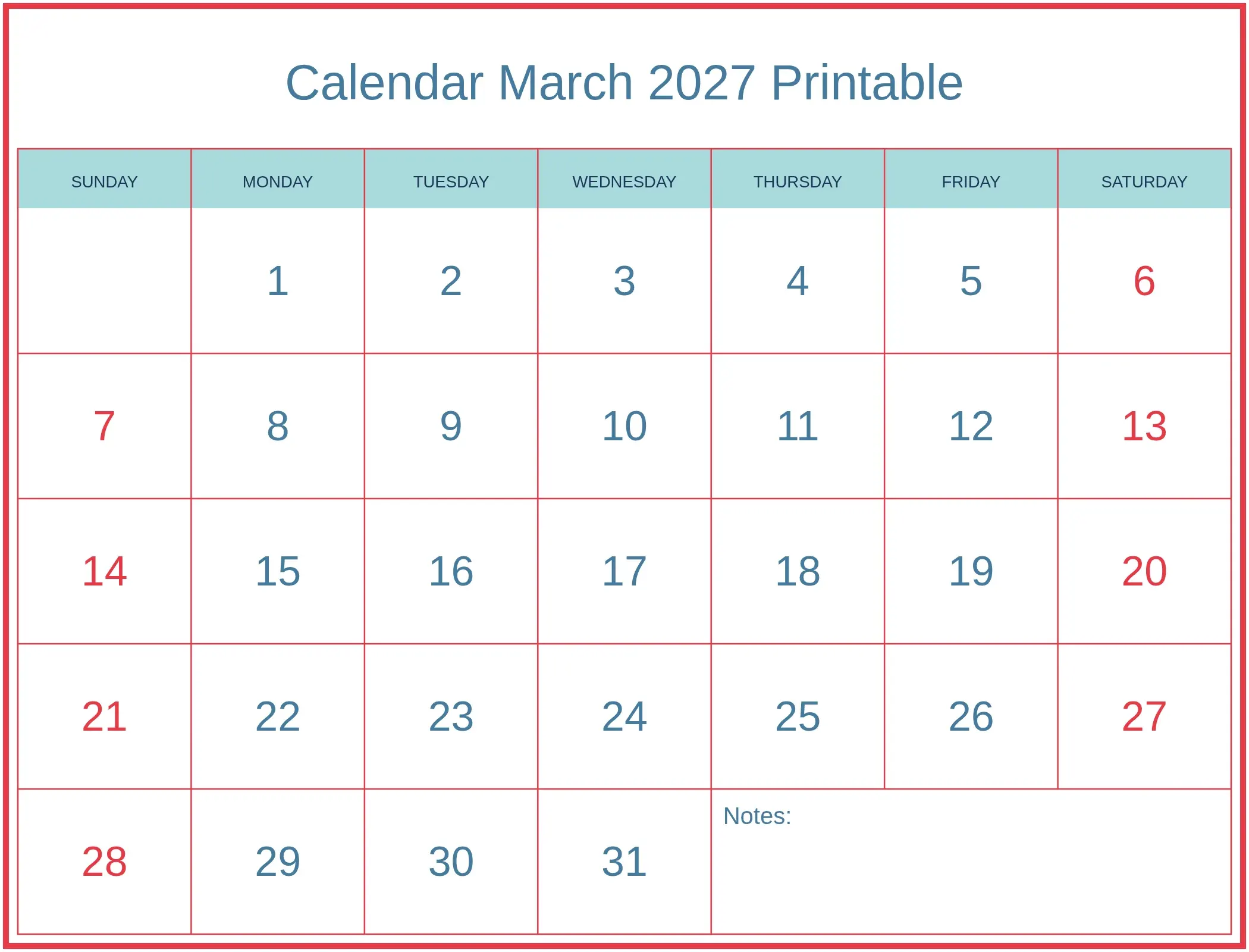 Calendar March 2027 Printable with Notes Bottom Landscape