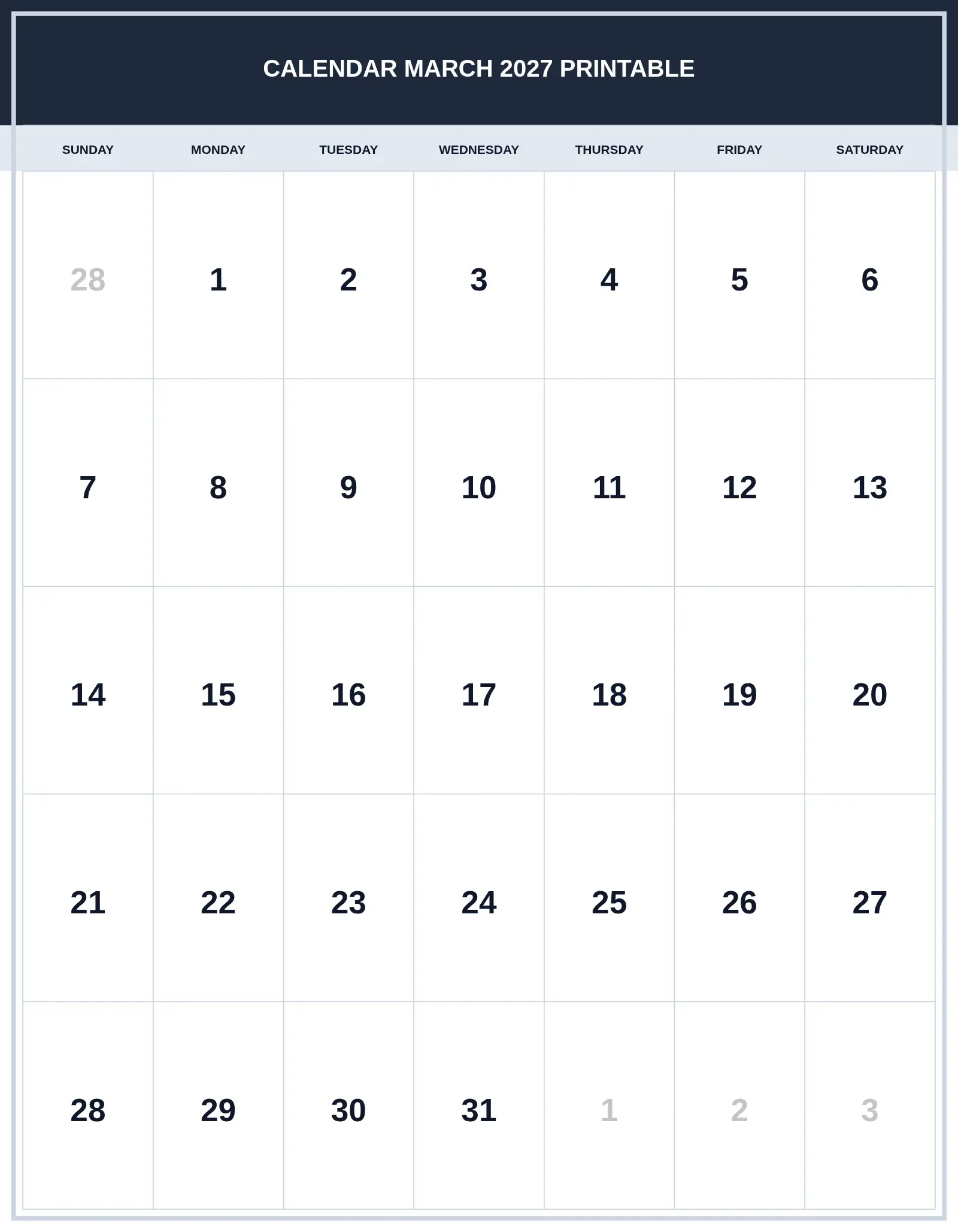 Calendar March 2027 Printable With Portrait Template