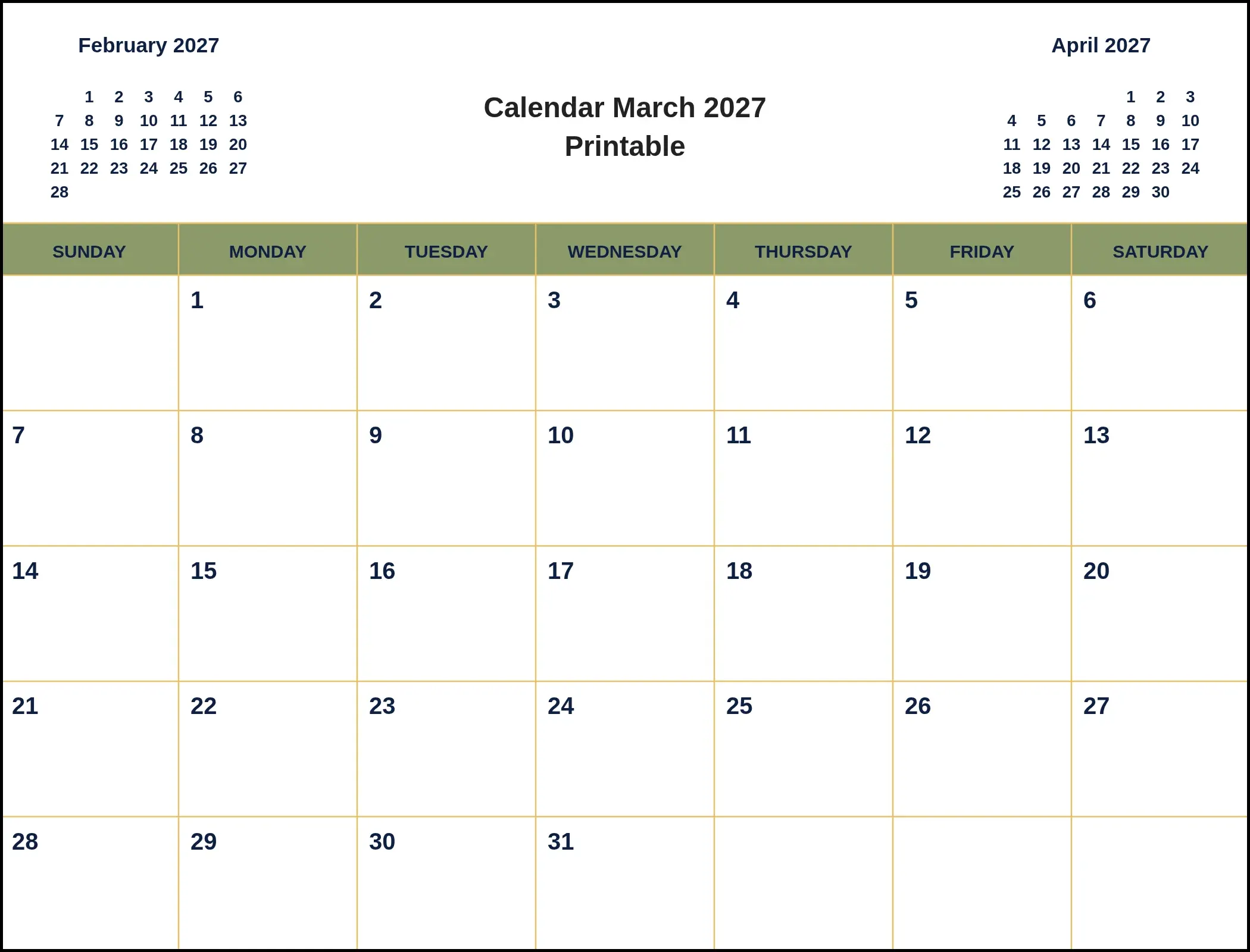 Calendar March 2027 Printable With Three Month View