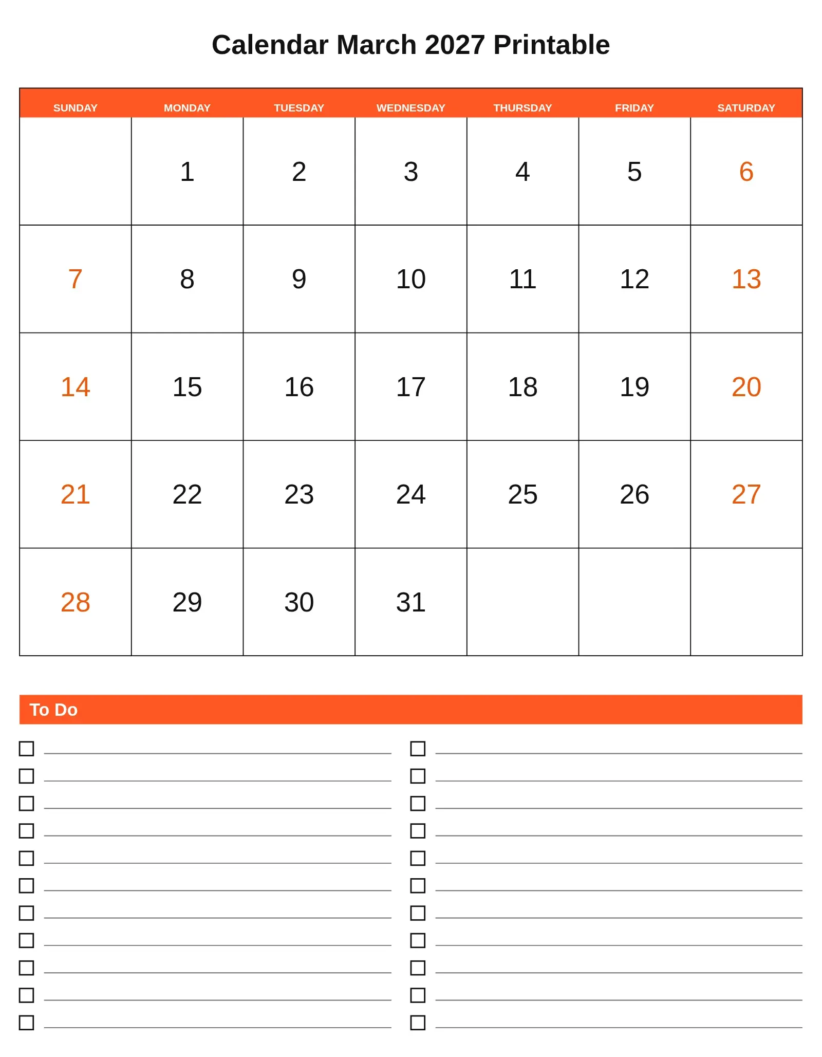Calendar March 2027 Printable With To Do List Bottom Portrait Calendar March 2027 Printable With To Do List Bottom Portrait