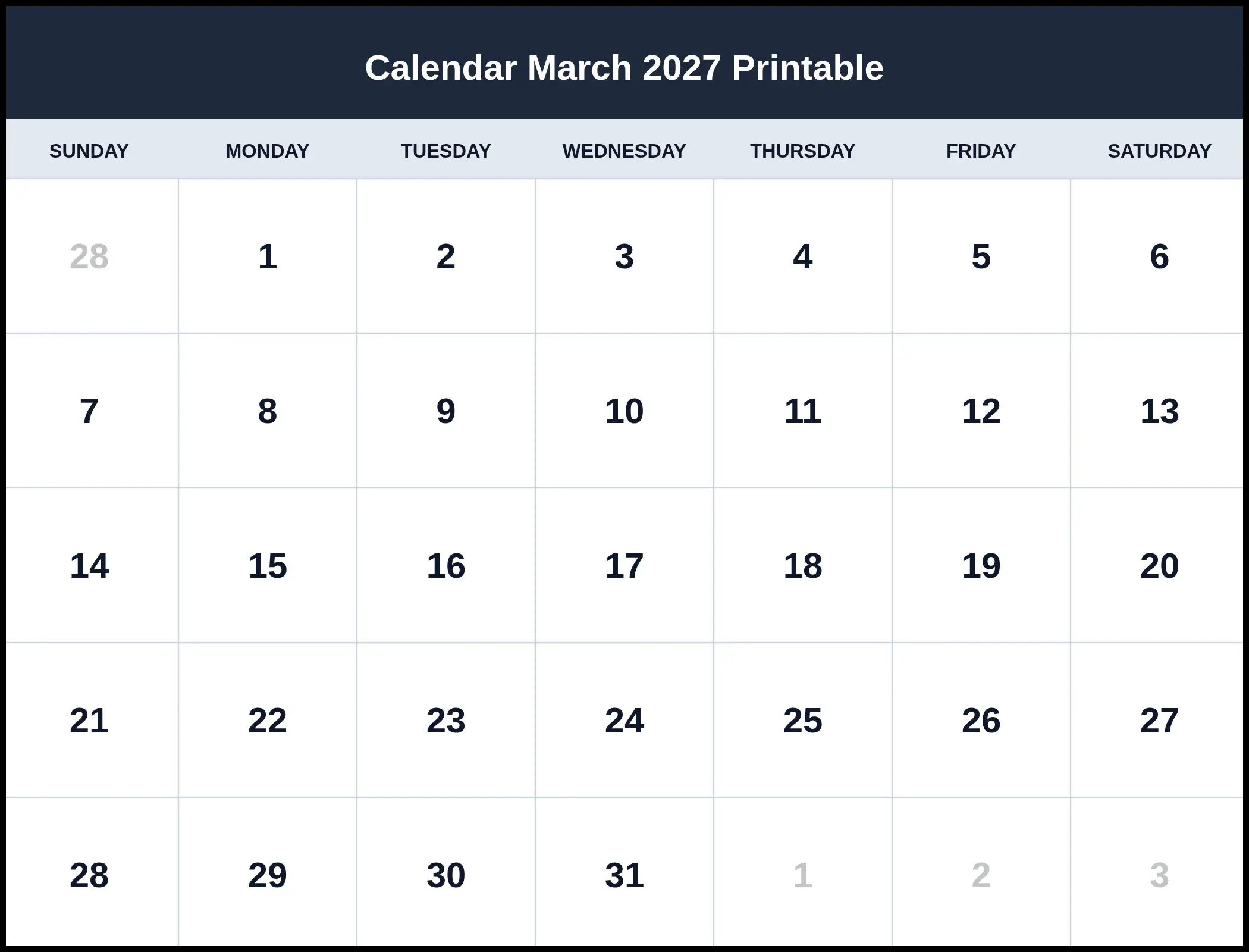 Calendar March 2027 Printable Calendar March 2027 Printable