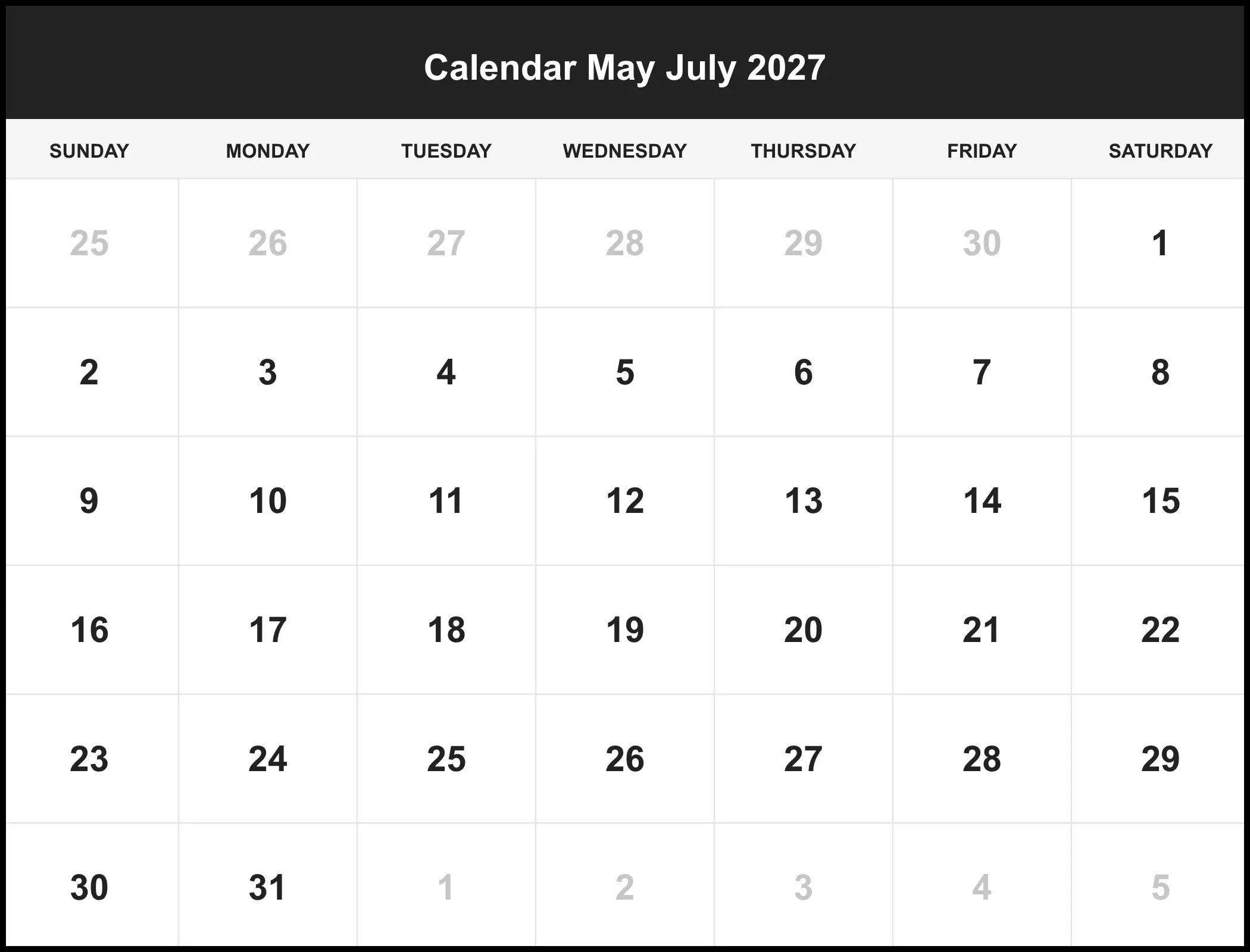 Calendar May July 2027