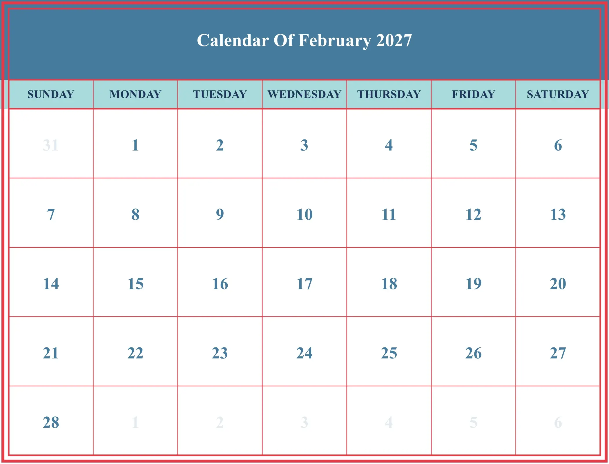 Calendar Of February 2027 Download Landscape