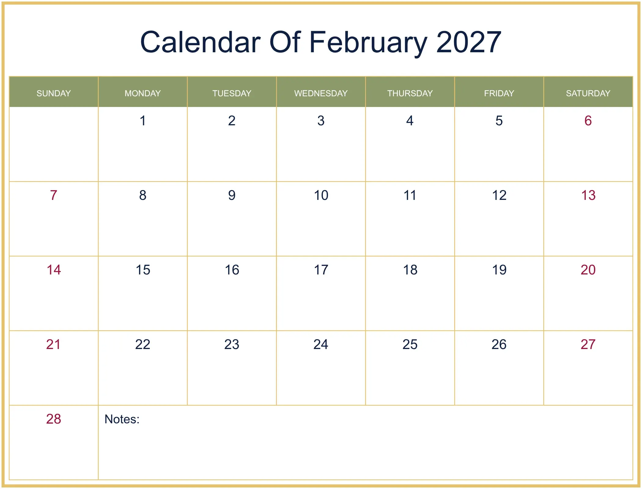 Calendar Of February 2027 with Notes Bottom Landscape Calendar Of February 2027 with Notes Bottom Landscape