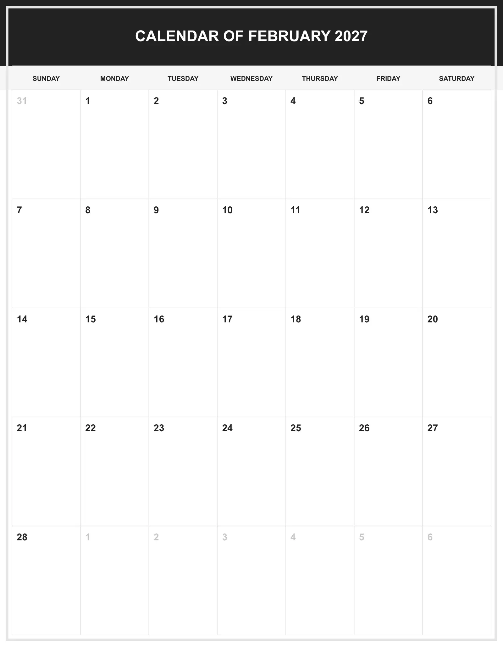 Calendar Of February 2027 With Portrait Template Calendar Of February 2027 With Portrait Template