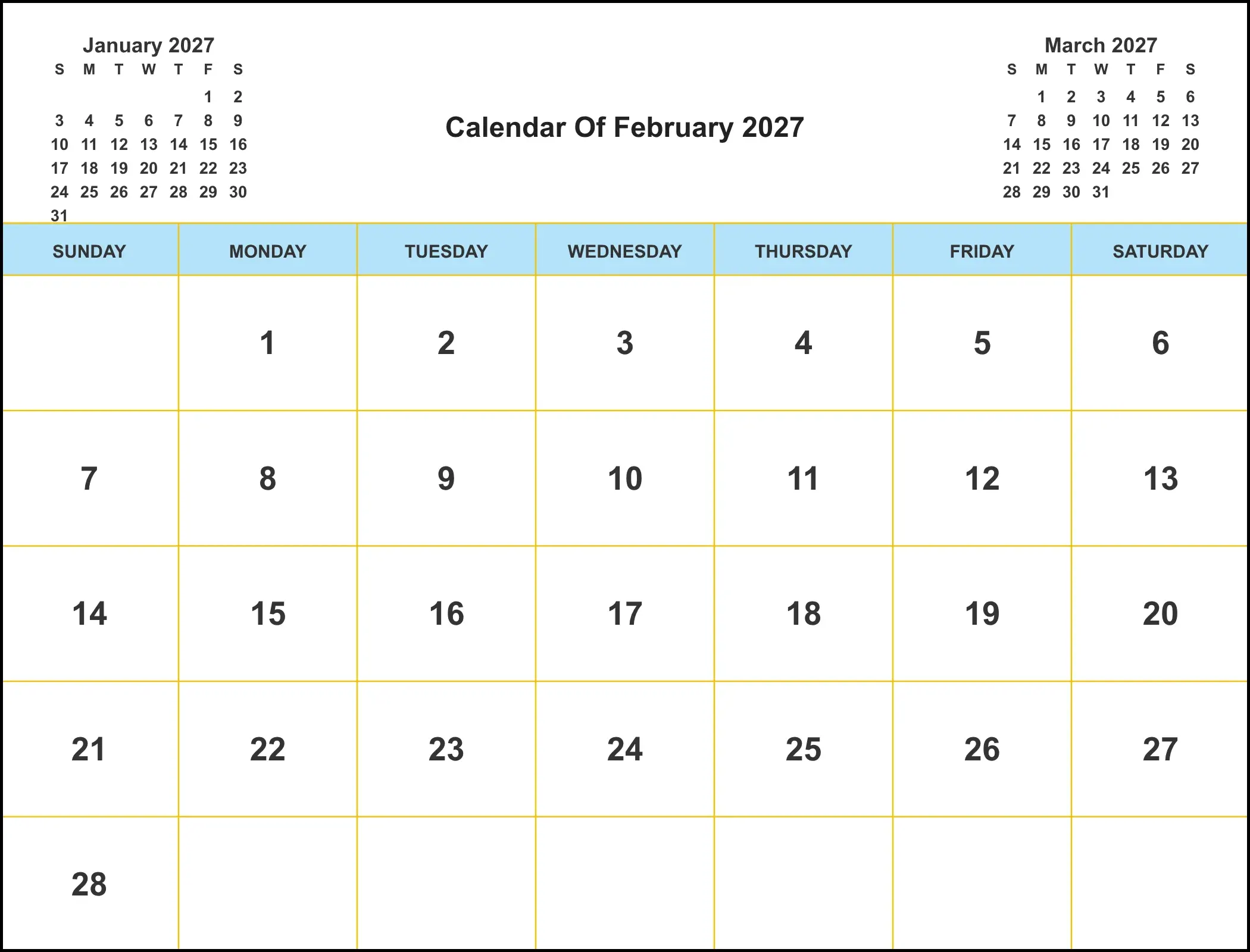Calendar Of February 2027 With Three Month View Calendar Of February 2027 With Three Month View