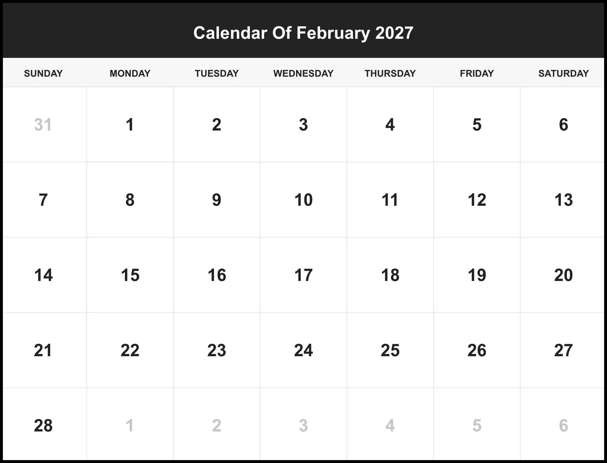 Calendar Of February 2027