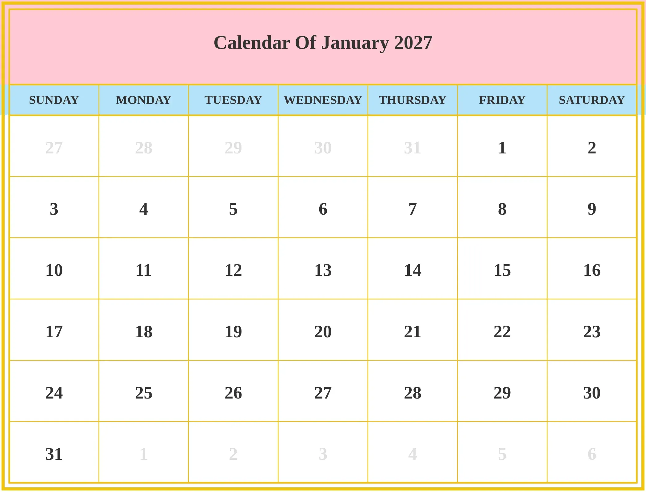 Calendar Of January 2027 Download Landscape Calendar Of January 2027 Download Landscape