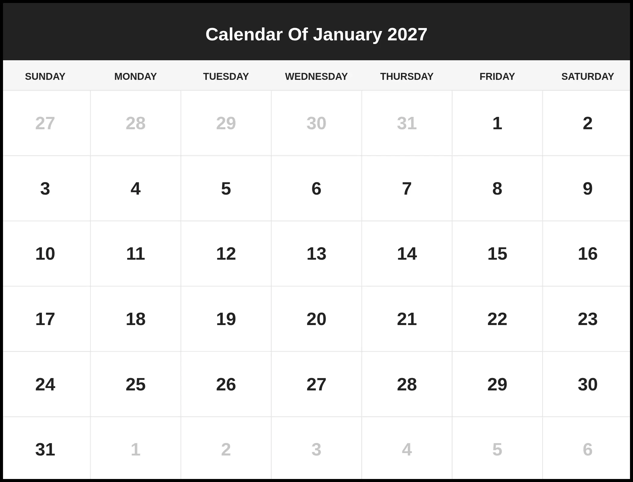 Calendar Of January 2027 Pdf