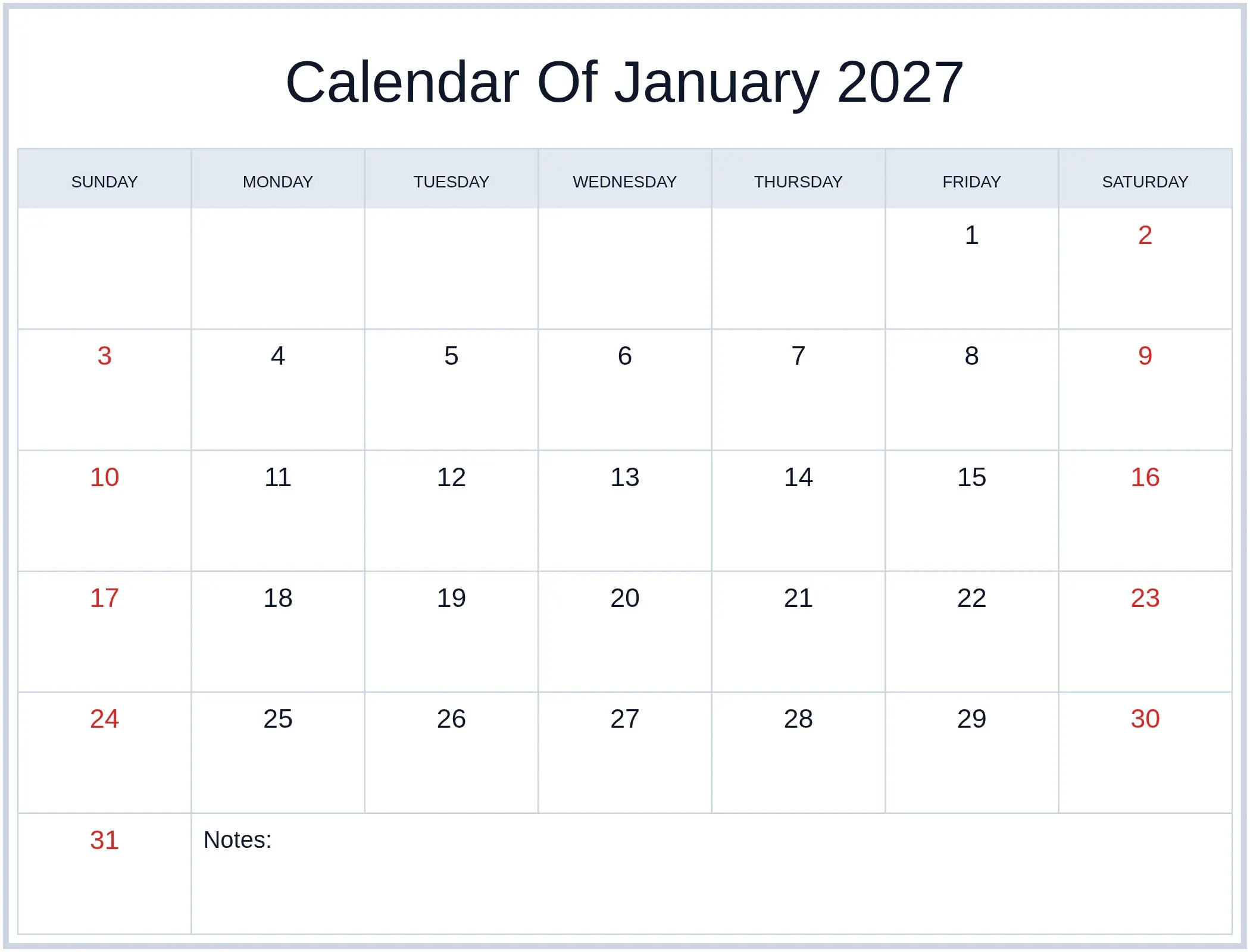 Calendar Of January 2027 with Notes Bottom Landscape