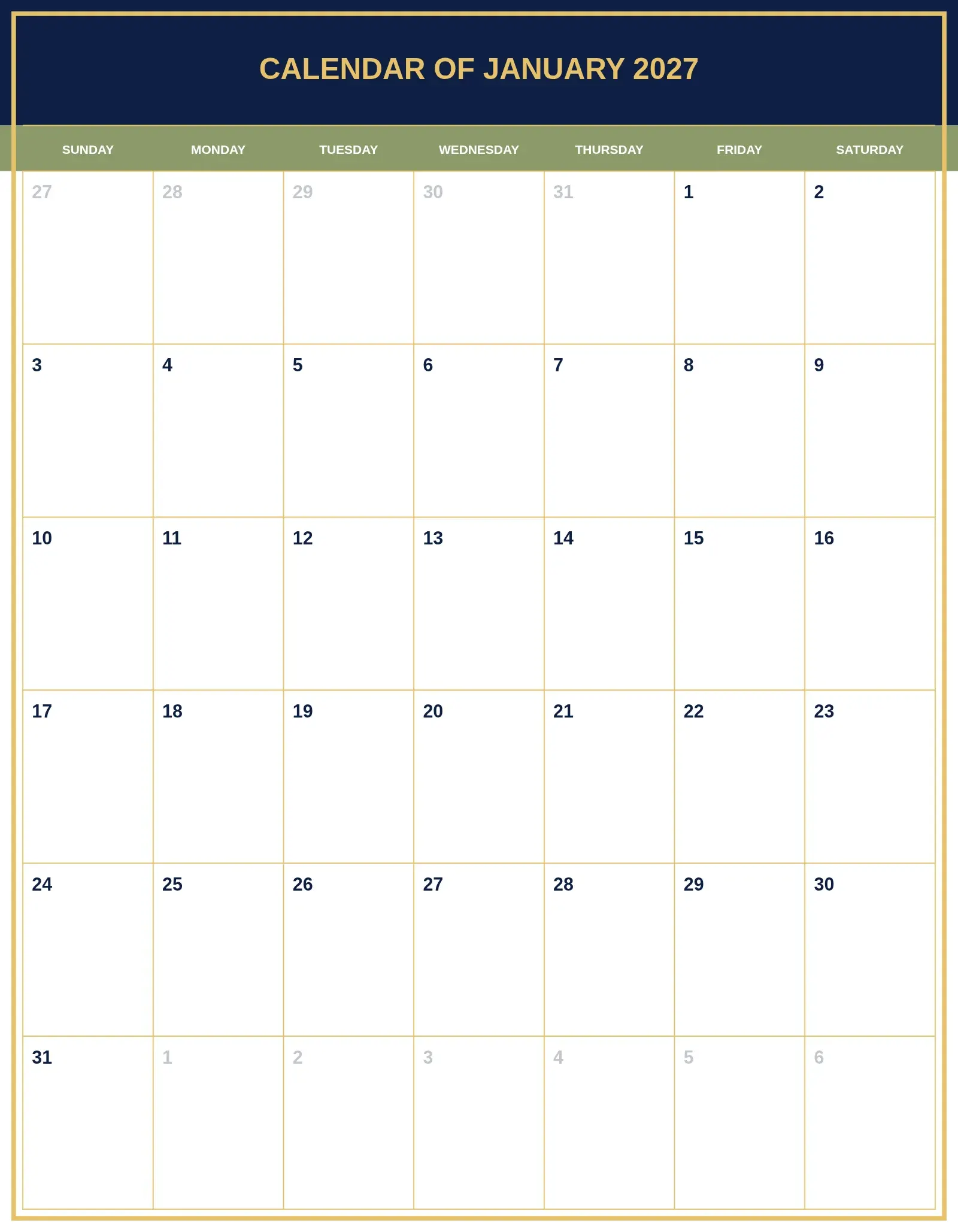 Calendar Of January 2027 With Portrait Template