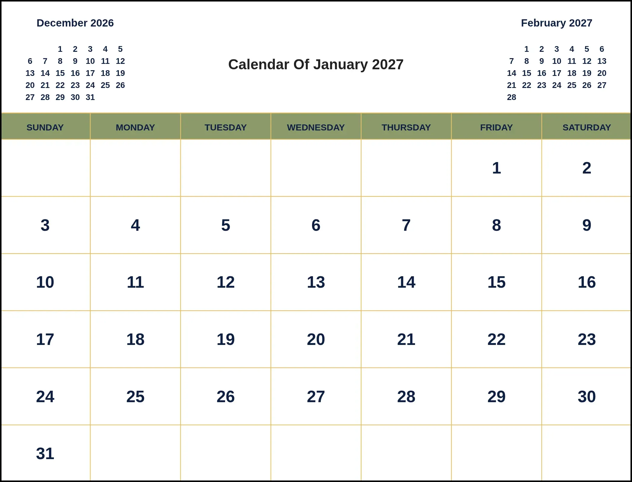 Calendar Of January 2027 With Three Month View