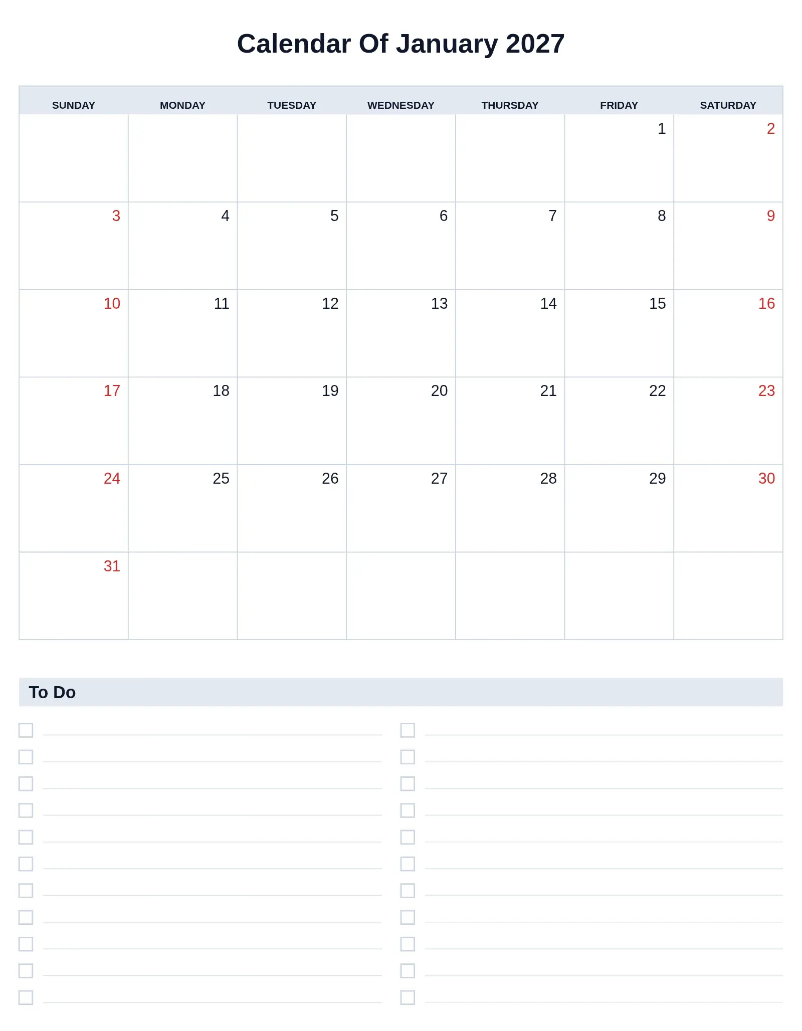 Calendar Of January 2027 With To Do List Bottom Portrait Calendar Of January 2027 With To Do List Bottom Portrait