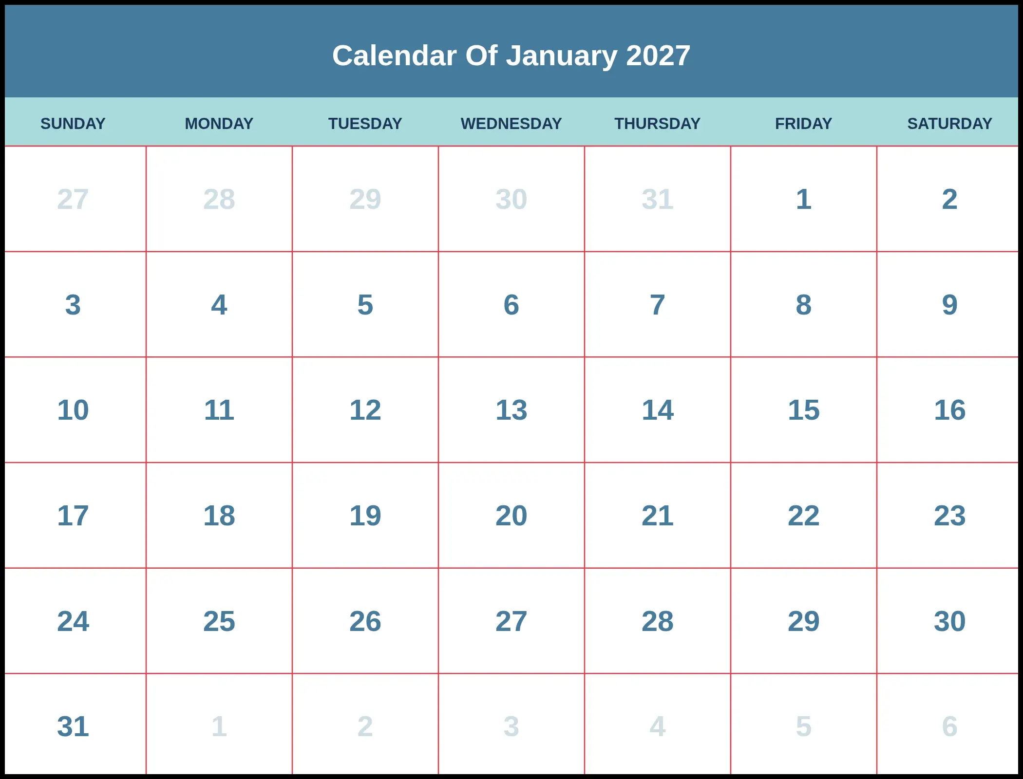 Calendar Of January 2027 Calendar Of January 2027