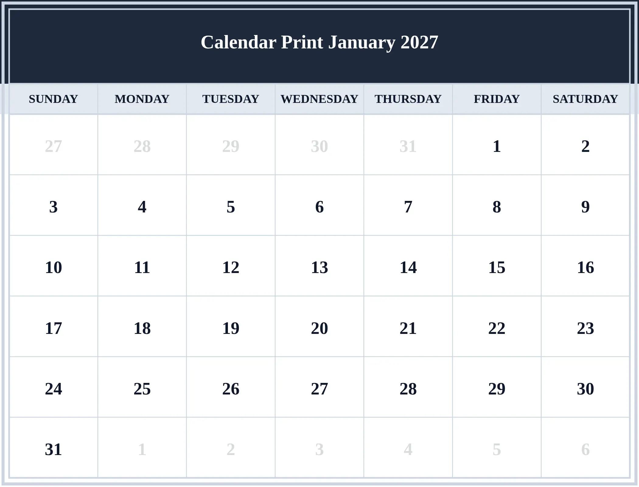 Calendar Print January 2027 Download Landscape Calendar Print January 2027 Download Landscape
